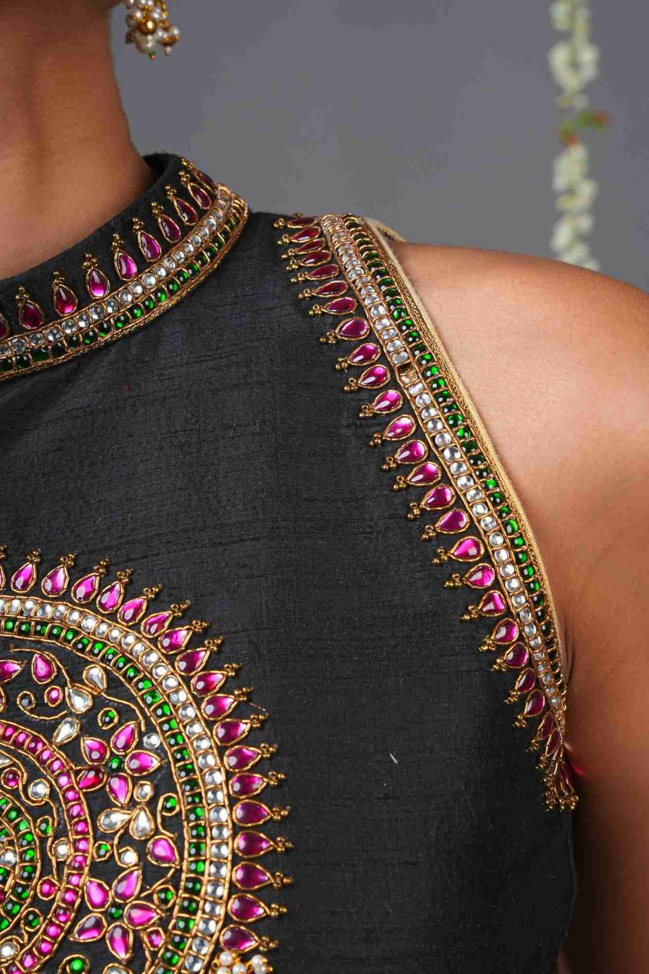 Statement Black Halter Neck Pure Raw Silk Blouse with Kemp Handwork Mandala, Made to Order