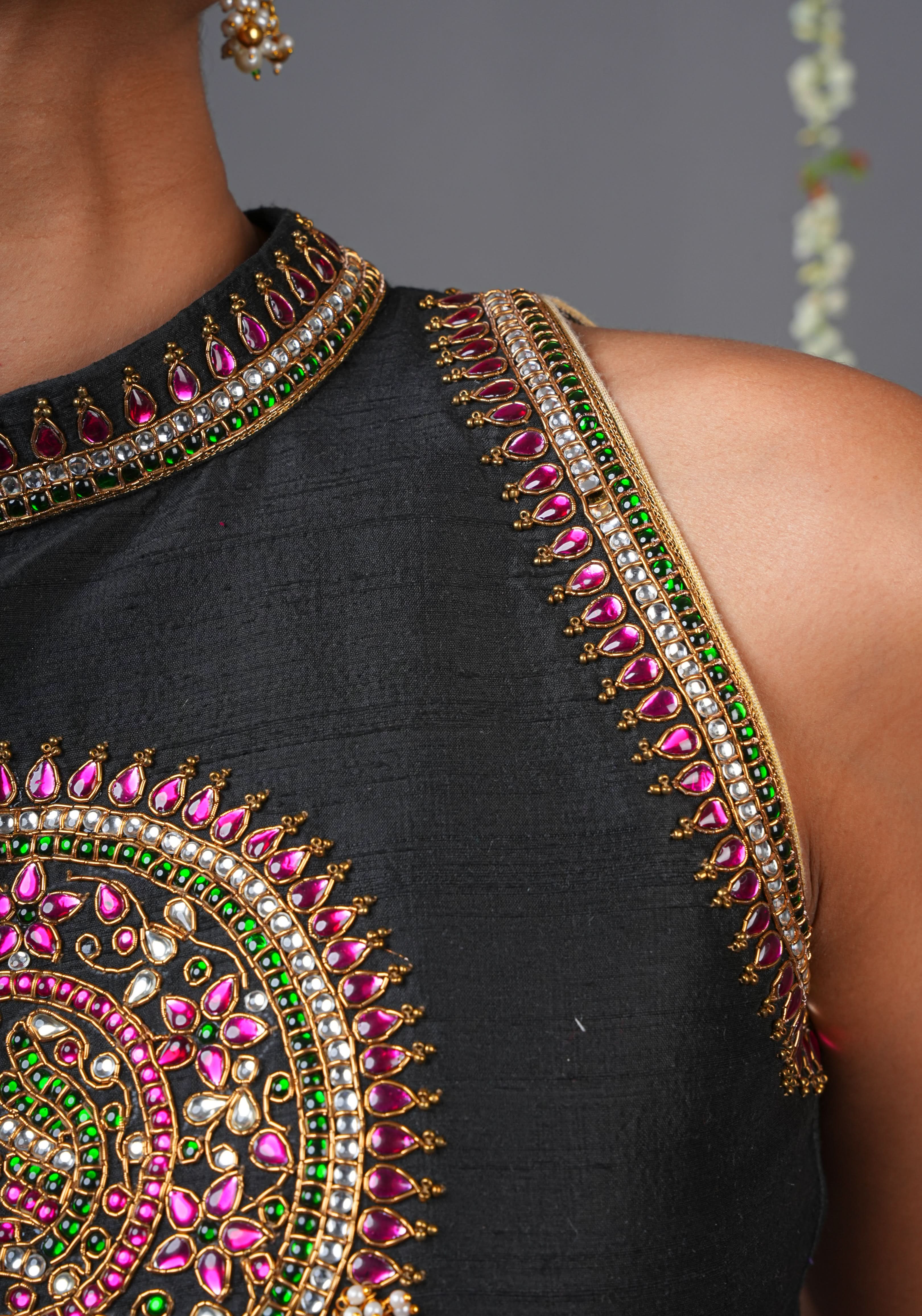 Statement Black Halter Neck Pure Raw Silk Blouse with Kemp Handwork Mandala, Made to Order | Shobitam