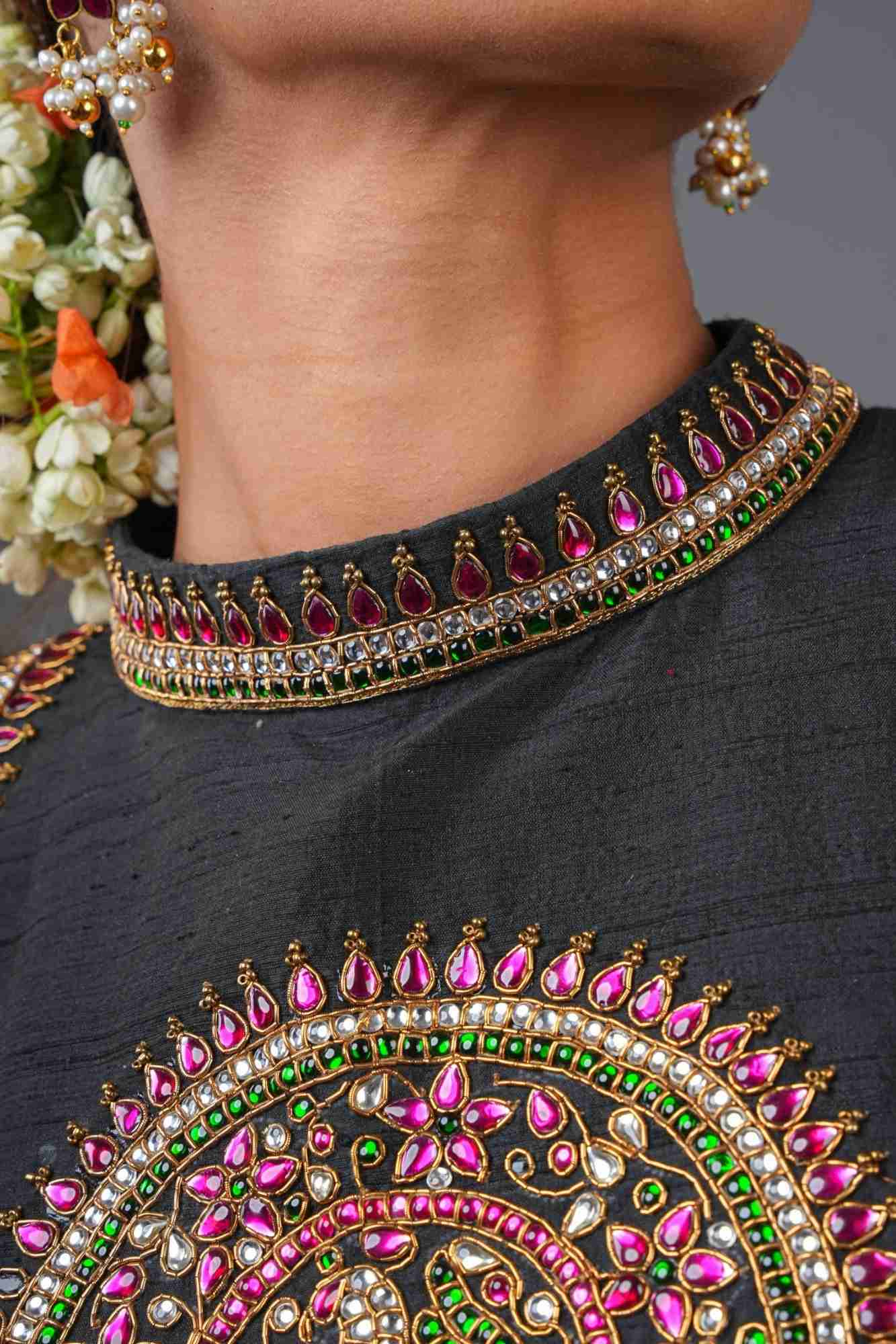 Statement Black Halter Neck Pure Raw Silk Blouse with Kemp Handwork Mandala, Made to Order