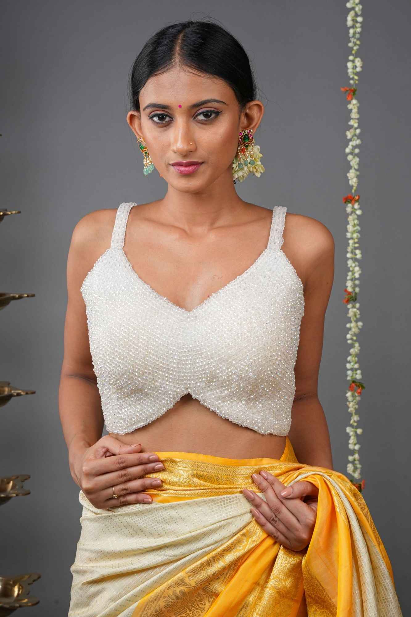 Moti Jadau Blouse with White translucent beads, Stappy Blouse, Made to Order