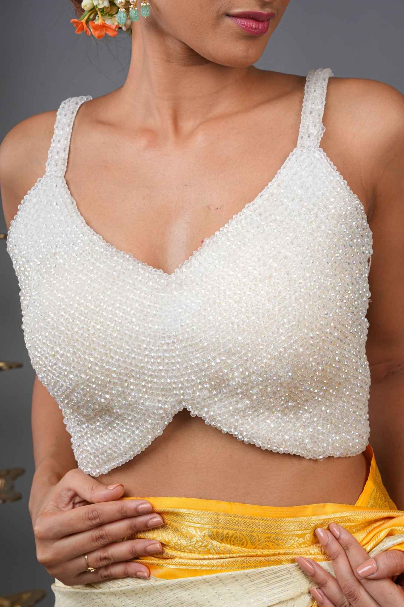 Moti Jadau Blouse with White translucent beads, Stappy Blouse, Made to Order