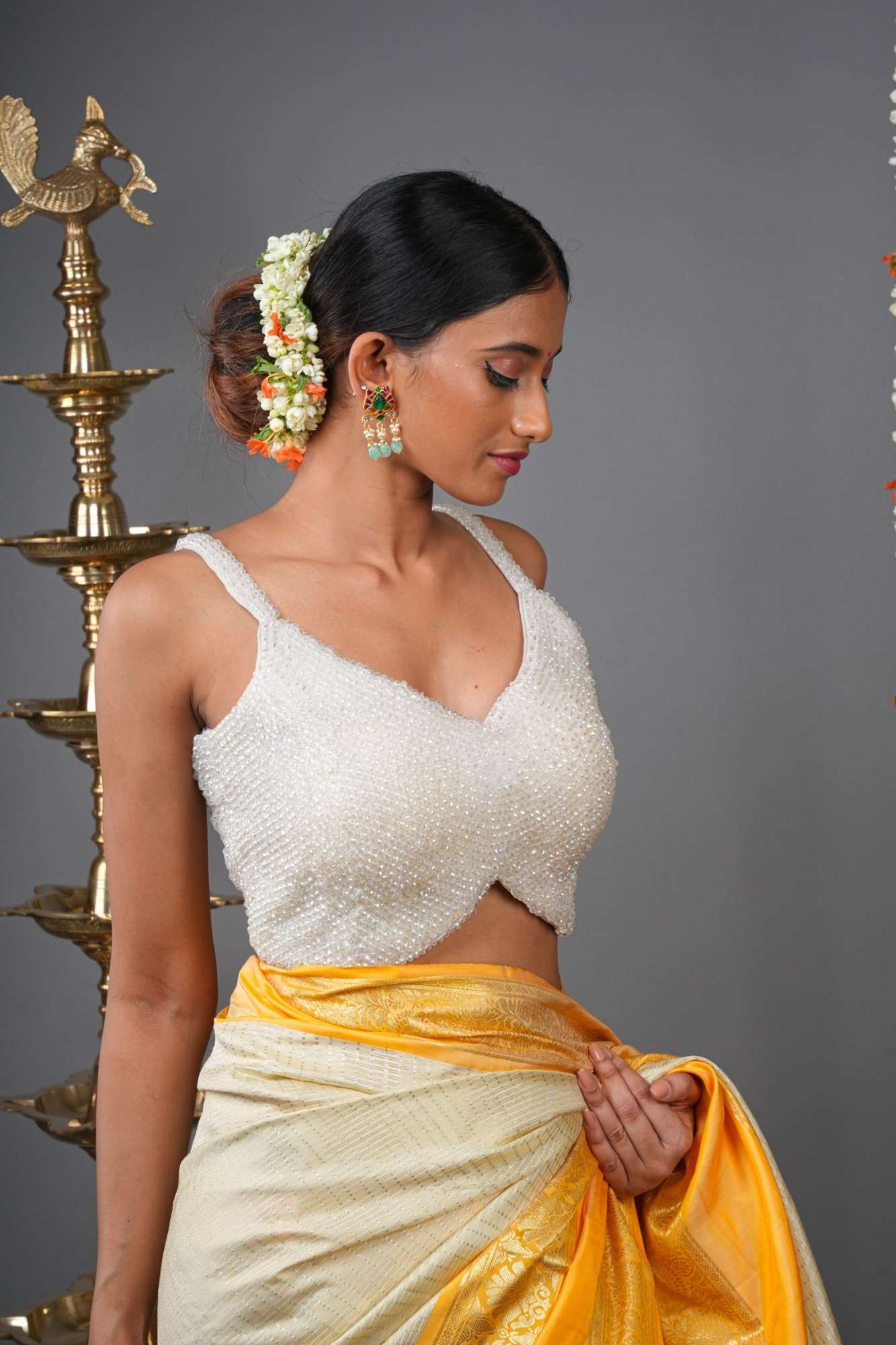 Moti Jadau Blouse with White translucent beads, Stappy Blouse, Made to Order