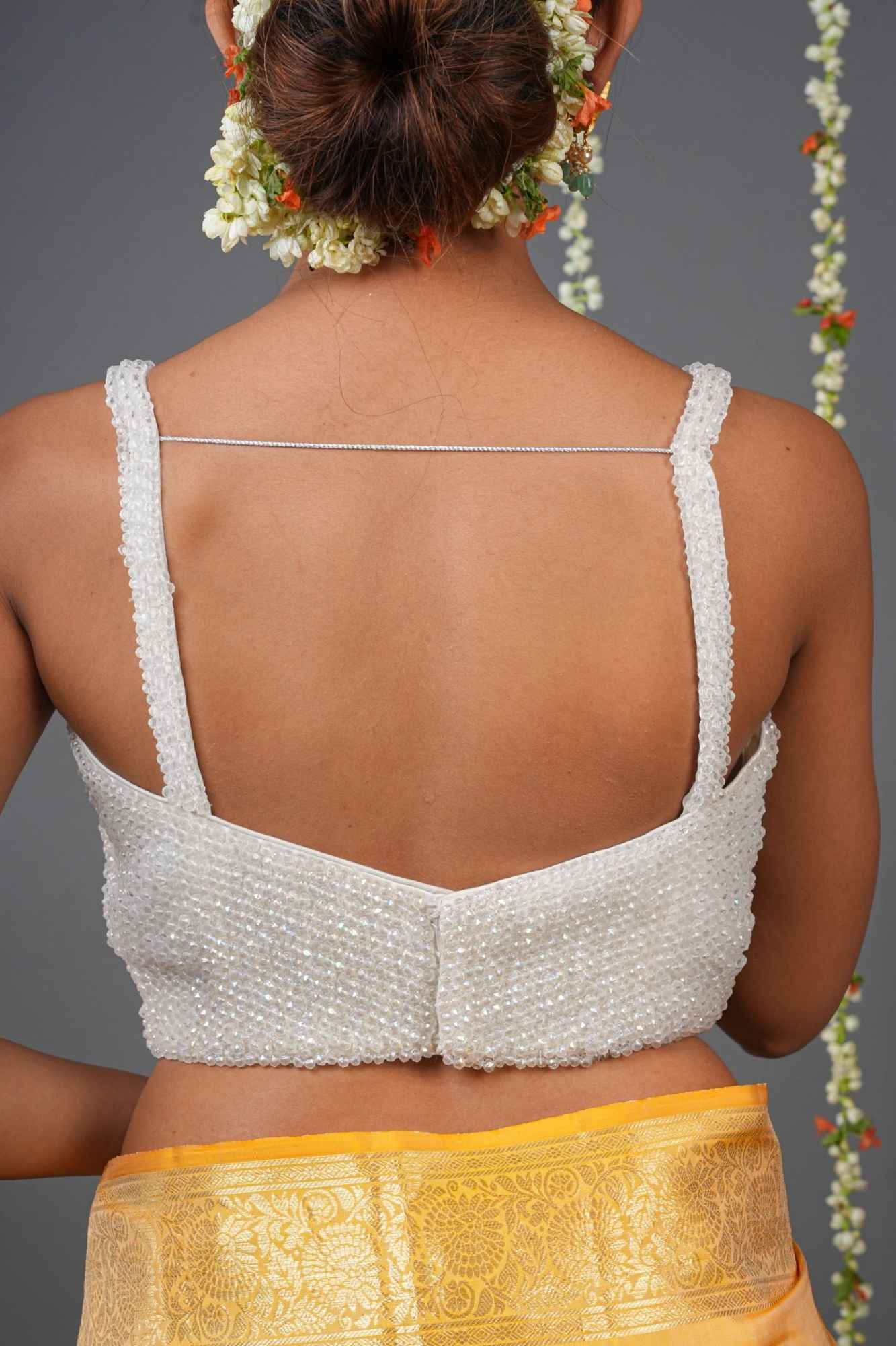 Moti Jadau Blouse with White translucent beads, Stappy Blouse, Made to Order