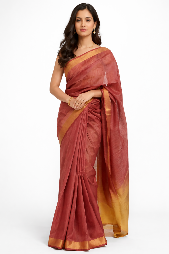 Sunshine Yellow Rust Pink Handwoven Cotton Silk Saree | SHOBITAM