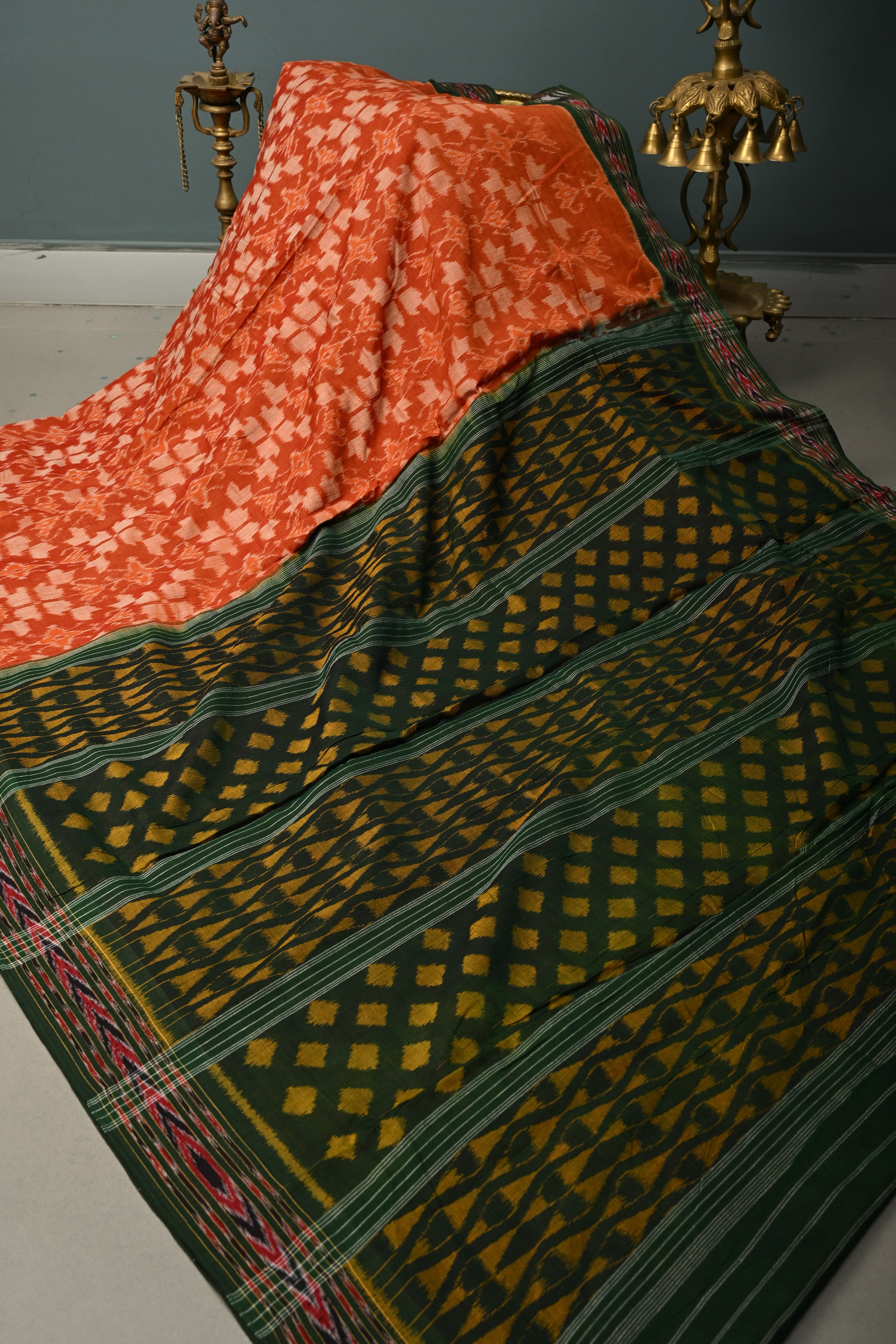 Orange Sambhalpuri ikkat Cotton Handloom Saree With Contrast Border, No Blouse Piece | Shobitam