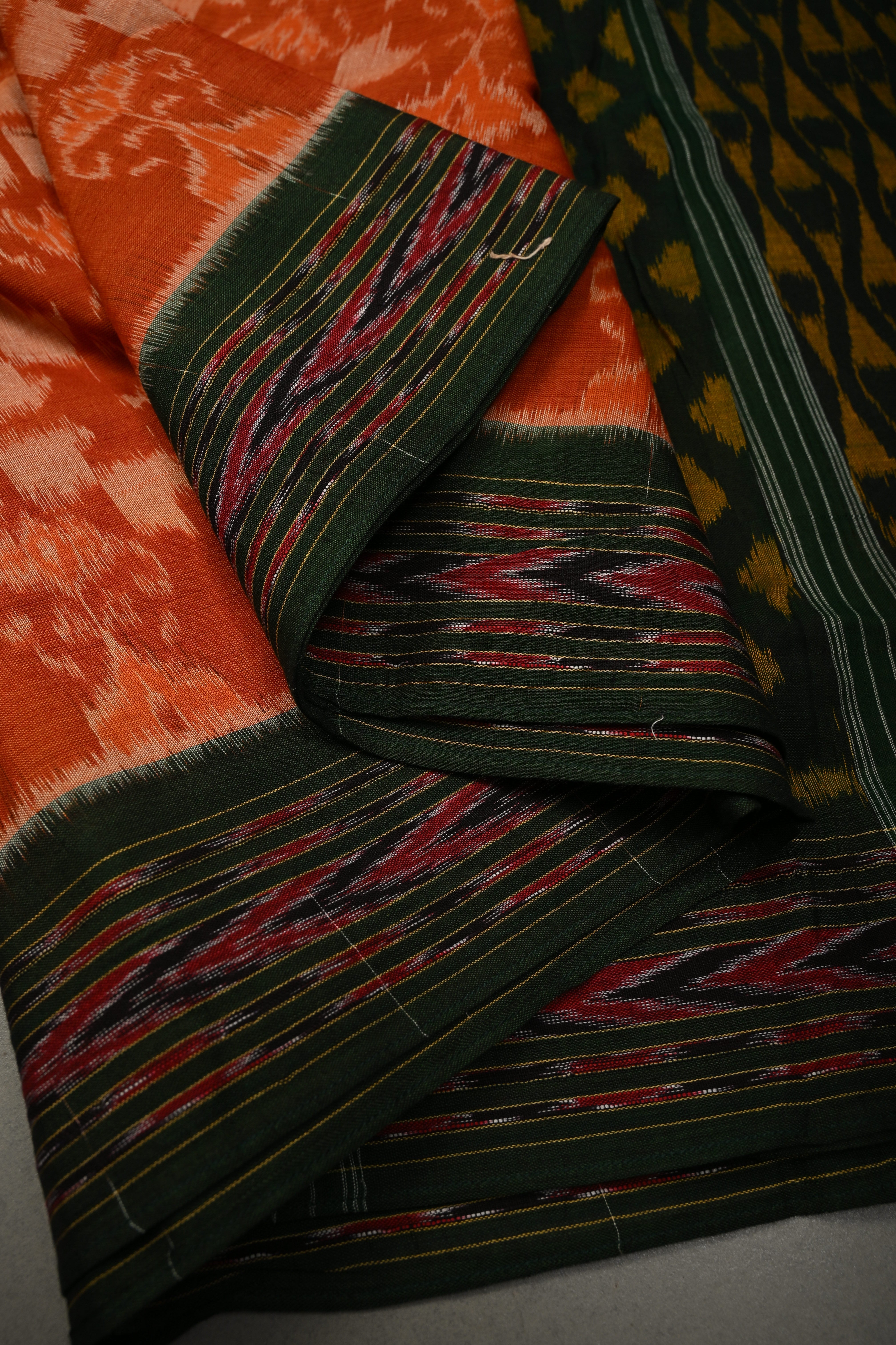 Orange Sambhalpuri ikkat Cotton Handloom Saree With Contrast Border, No Blouse Piece | Shobitam