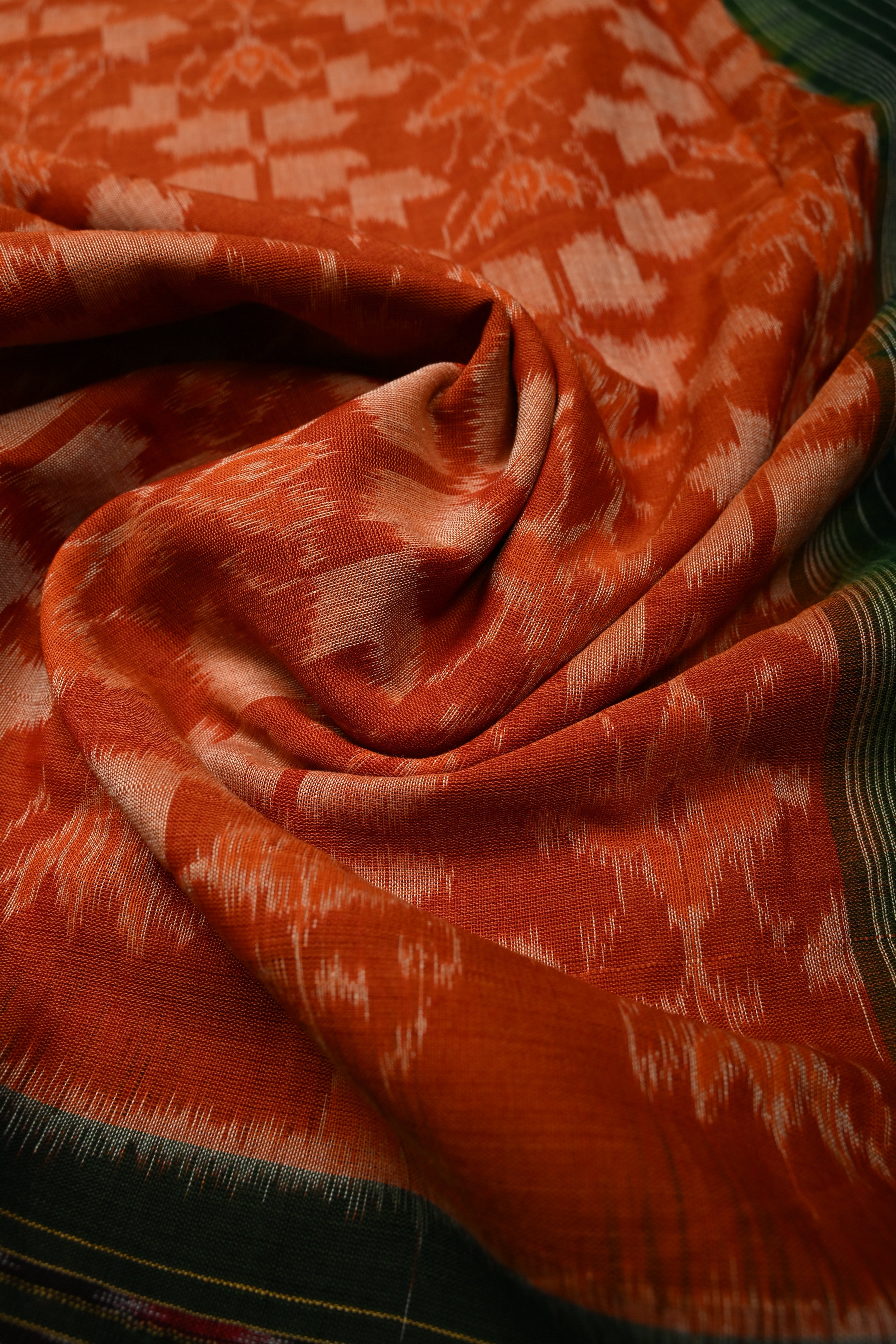 Orange Sambhalpuri ikkat Cotton Handloom Saree With Contrast Border, No Blouse Piece | Shobitam