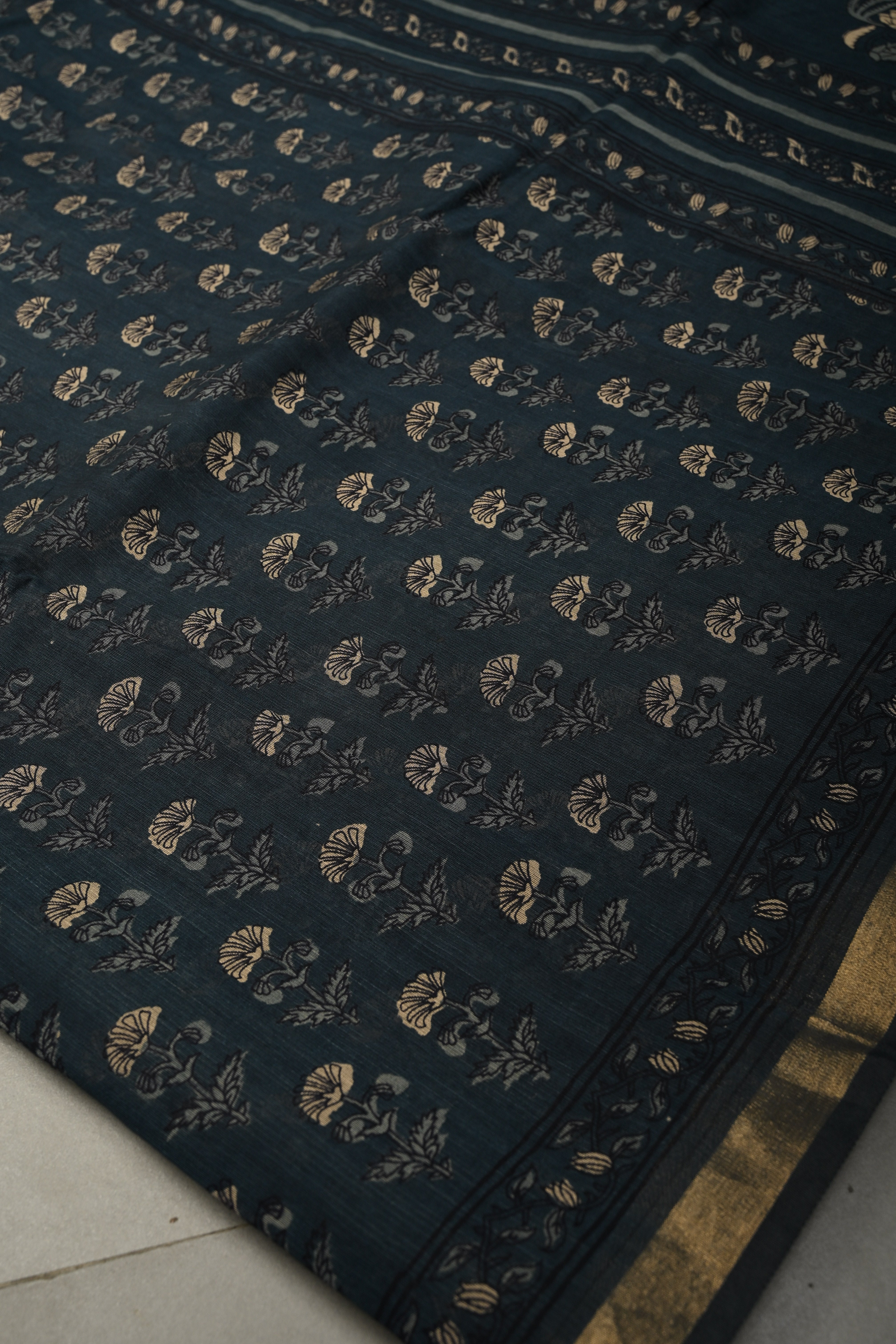 Deep Blue Mercerized cotton Saree with Hand Block Print and Minimal Zari Border | Shobitam