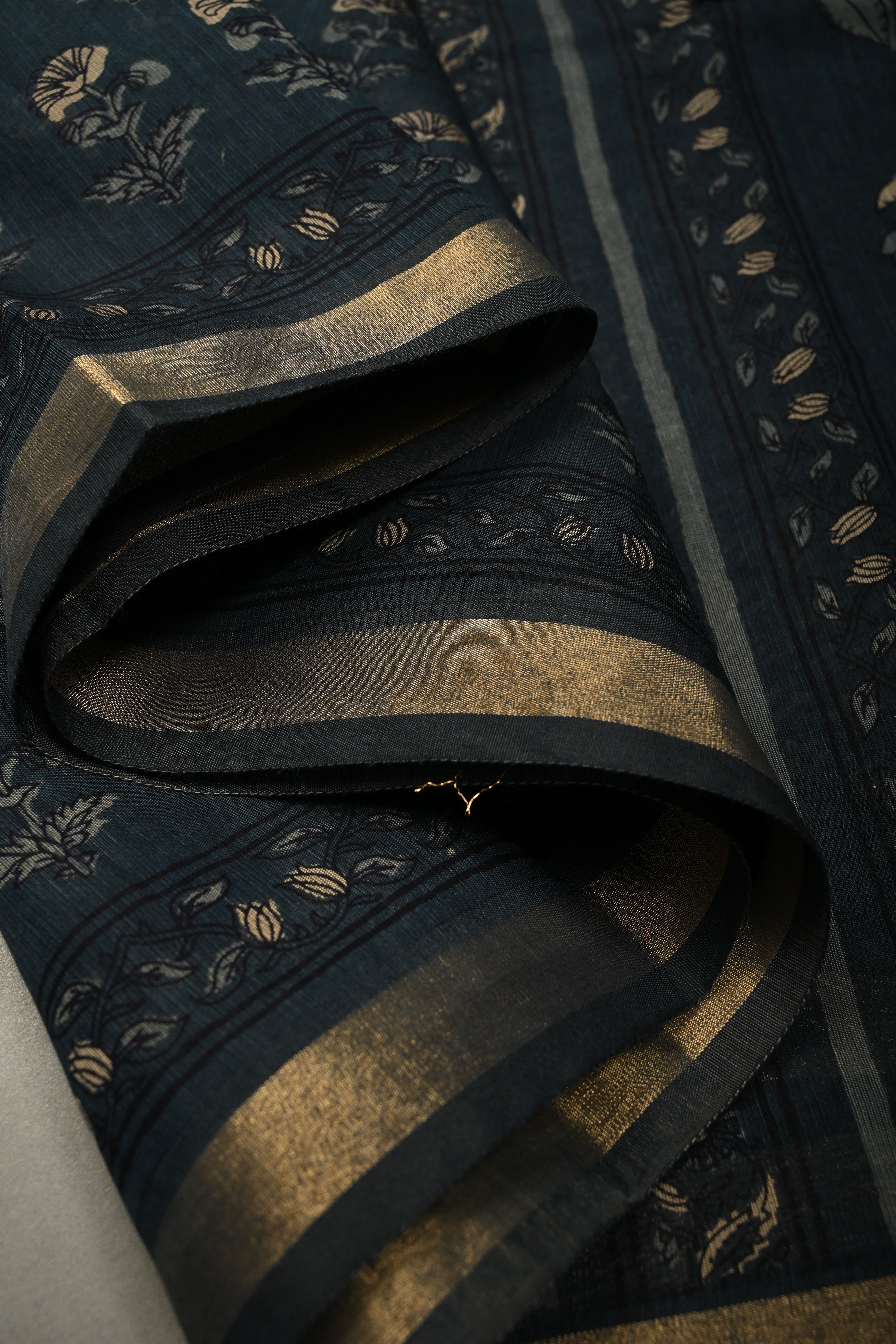 Deep Blue Mercerized cotton Saree with Hand Block Print and Minimal Zari Border | Shobitam