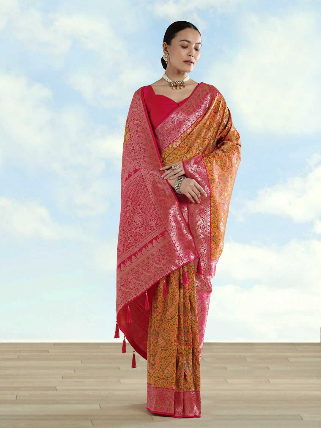 Mustard Banarasi Semi Silk Saree With Traditional Paisley Weaves | Shobitam