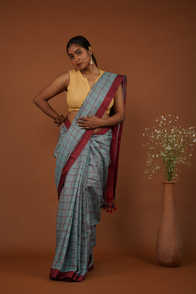 NeelMaroon Rekha Handwoven Slate Blue Cotton Saree  | SHOBITAM