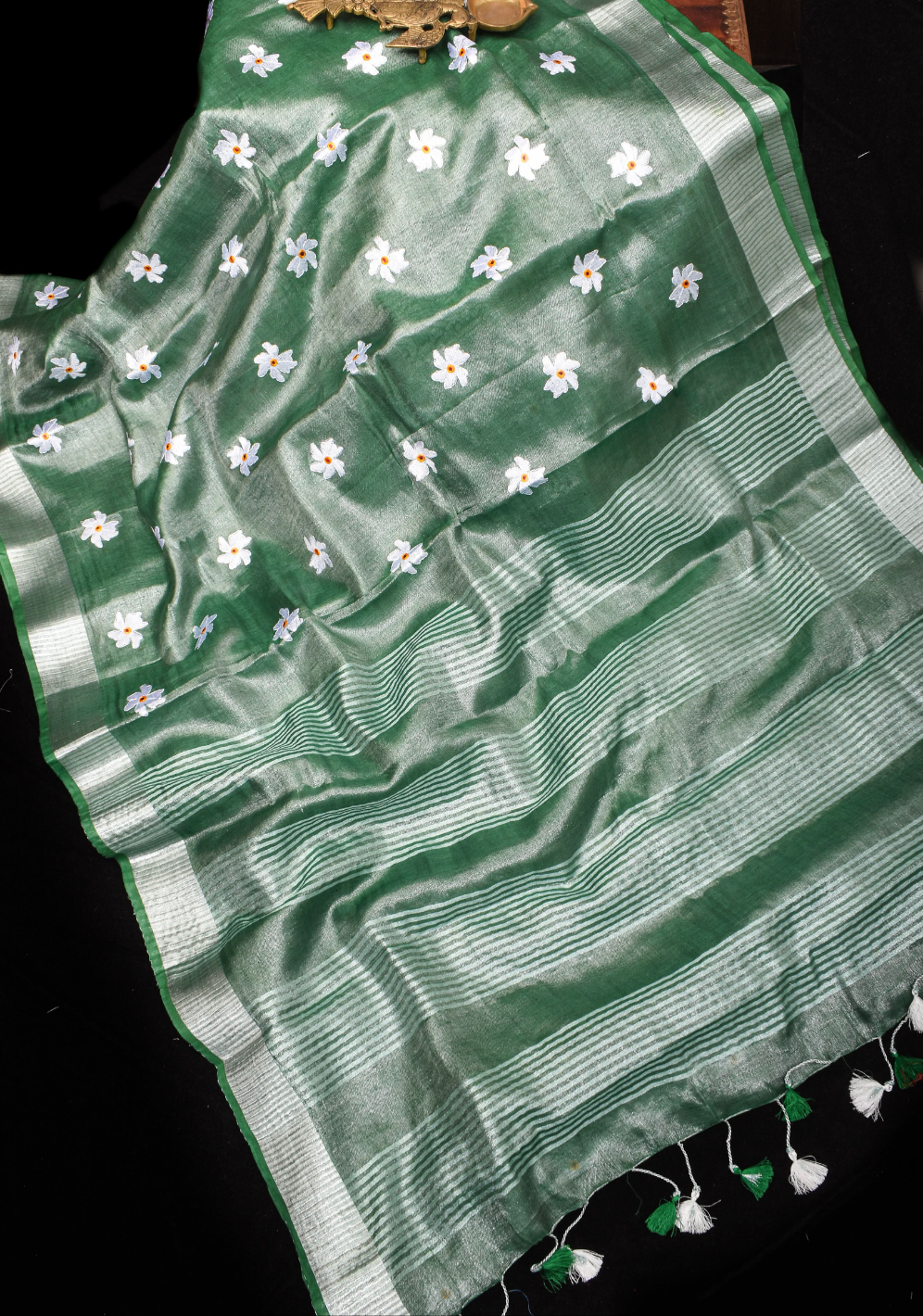 Tissue Linen Saree in Mint Green and Silver with Parijaat floral Embroidery | Shobitam