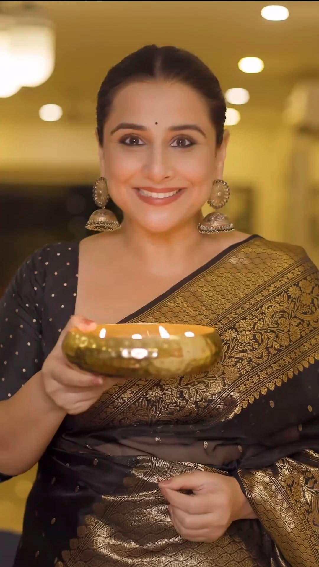 Celebrity Chanderi Silk Saree in Black with Zari chunri Butis and wide zari border | Shobitam