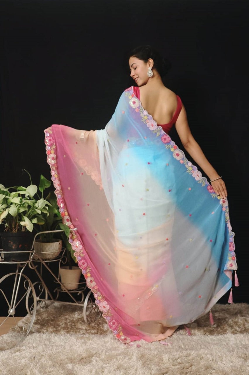 Beautiful Floral Embroidered Border And Overall Multi Color With Sequin Ready To Wear Saree