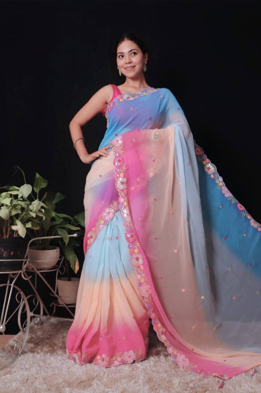 Beautiful Floral Embroidered Border And Overall Multi Color With Sequin Ready To Wear Saree