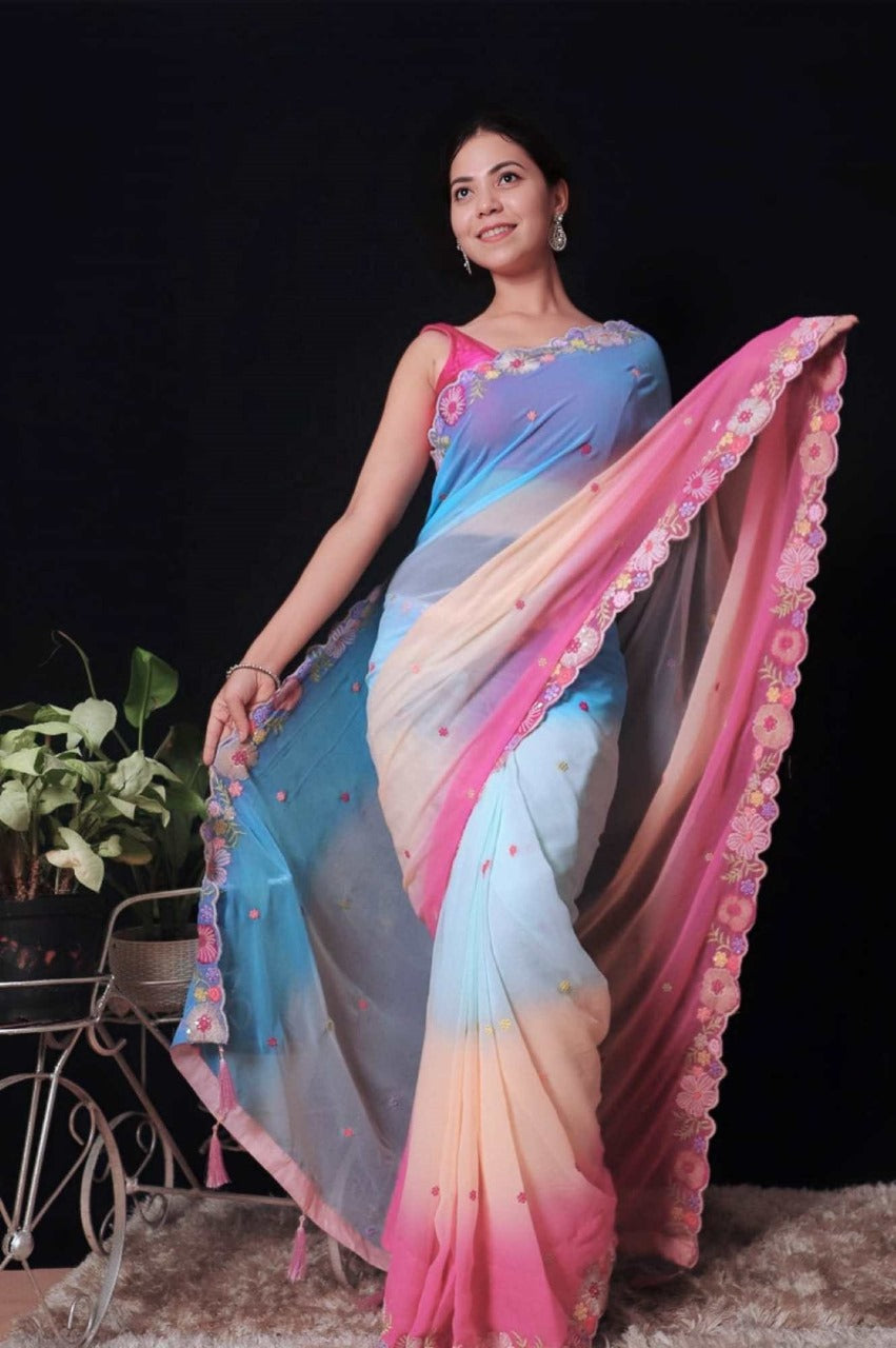 Beautiful Floral Embroidered Border And Overall Multi Color With Sequin Ready To Wear Saree