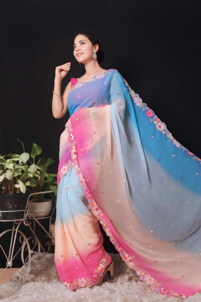 Beautiful Floral Embroidered Border And Overall Multi Color With Sequin Ready To Wear Saree