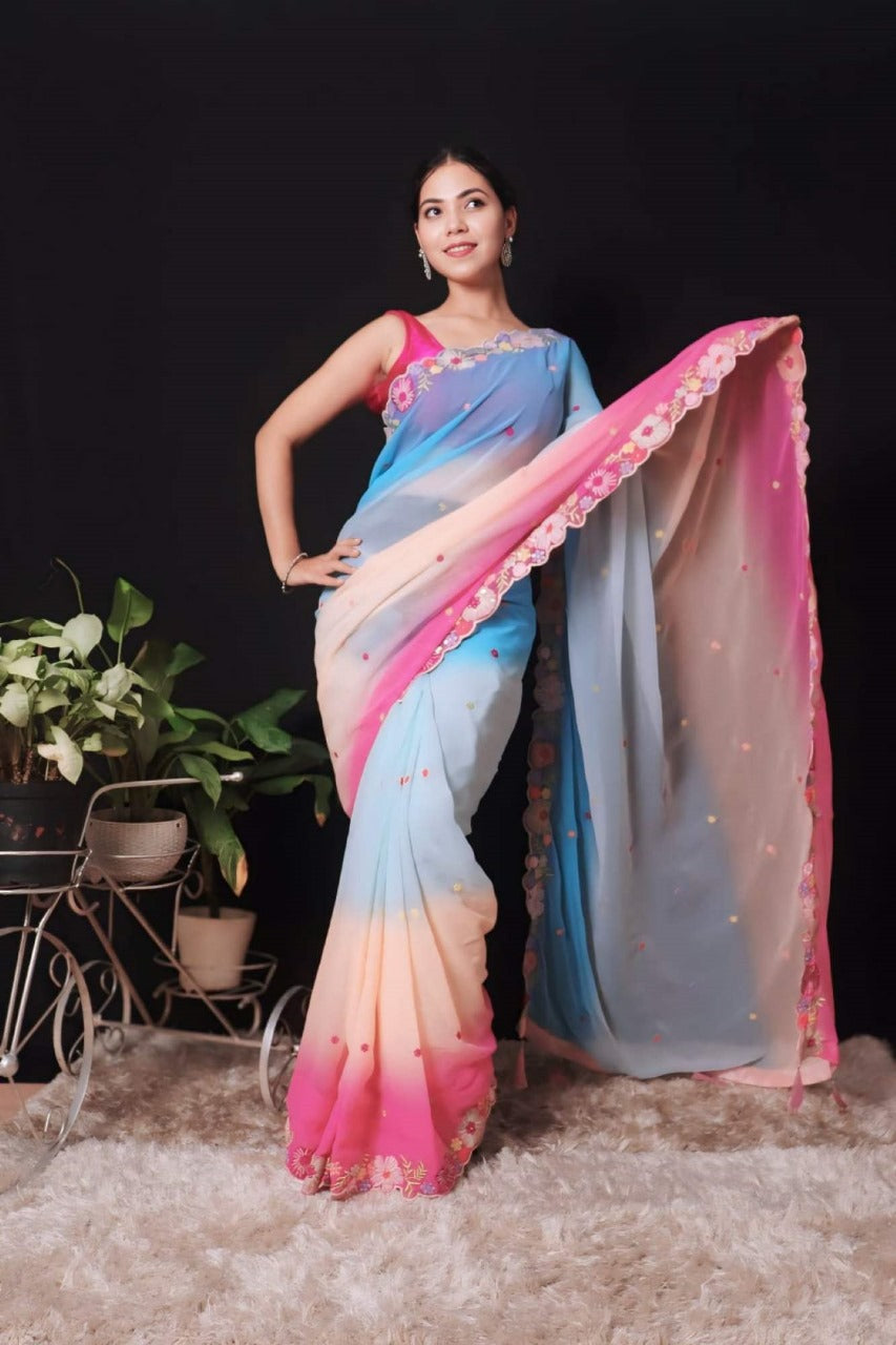 Beautiful Floral Embroidered Border And Overall Multi Color With Sequin Ready To Wear Saree