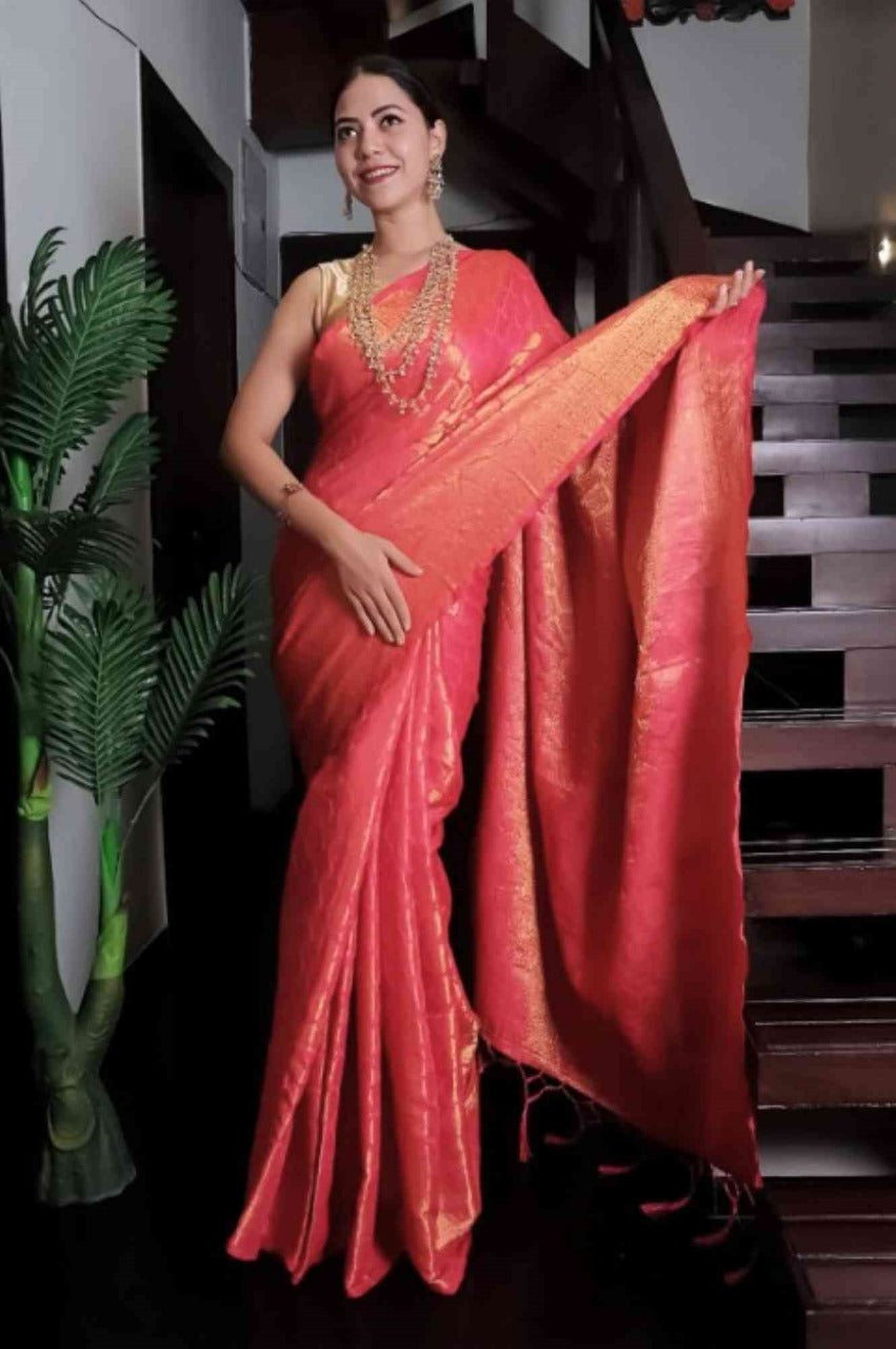 Soft Banarasi Over All Zari Motif Woven & Tassels on palla Wrap in 1 minute saree