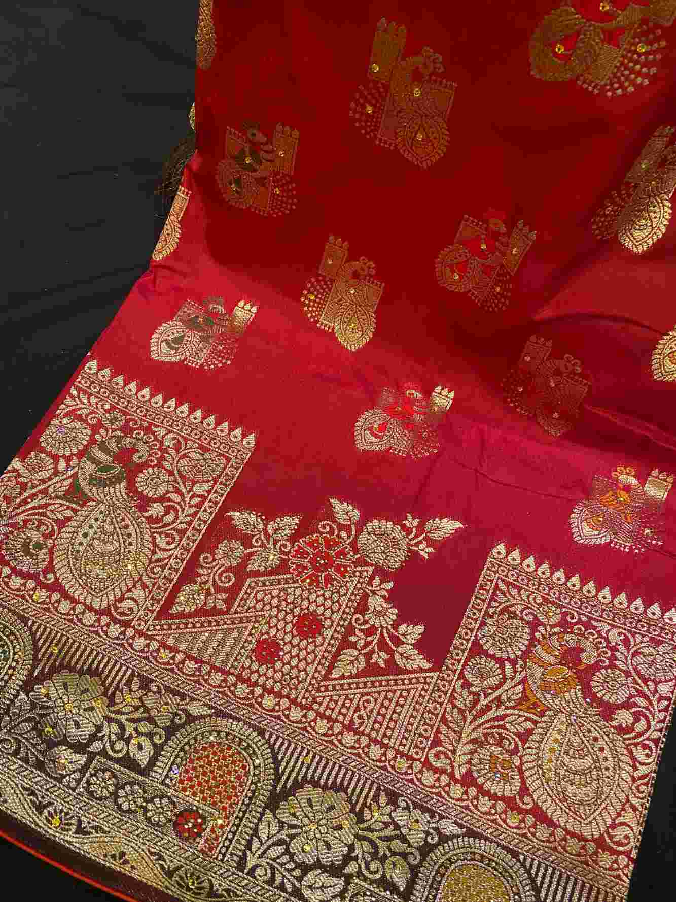 Exquisite Banarasi Over All Motif Woven & Stone Embellished With Detailed Border Pre Drape Saree