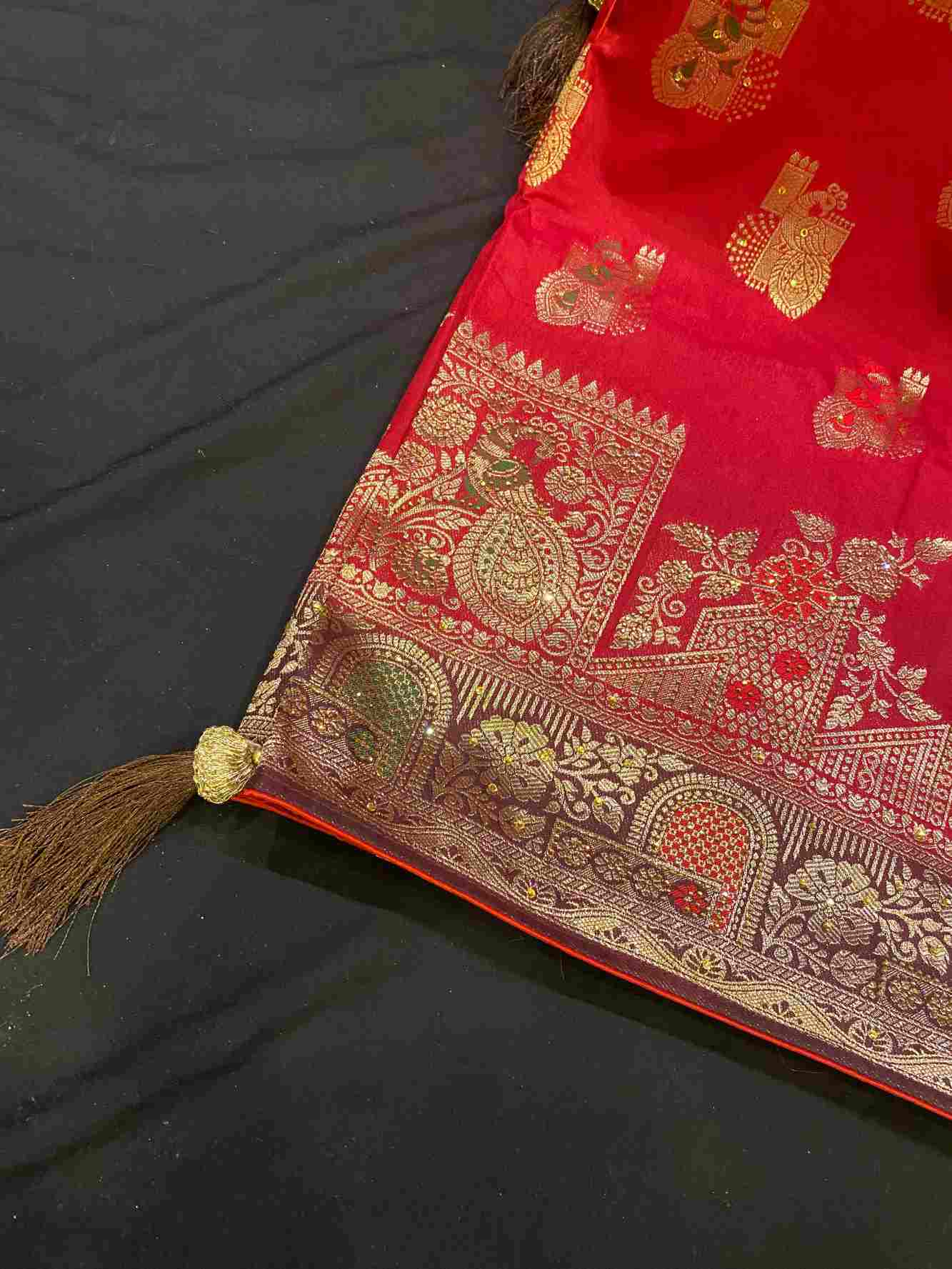 Exquisite Banarasi Over All Motif Woven & Stone Embellished With Detailed Border Pre Drape Saree