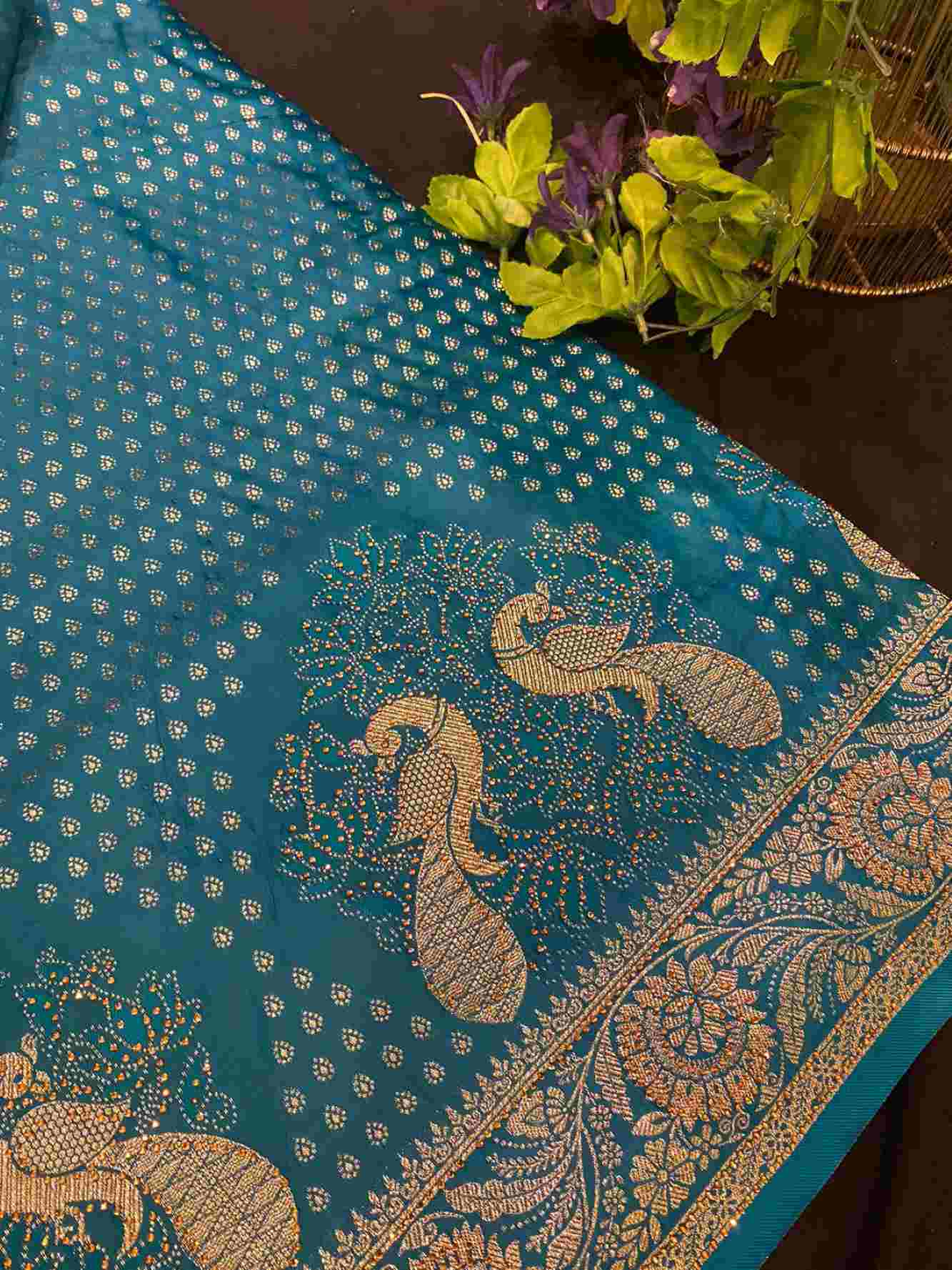 Blue Banarasi With Peacock Zari Dotted Work With Detailed  Border & Overall Stone Embellished  Wrap In One Minute Saree