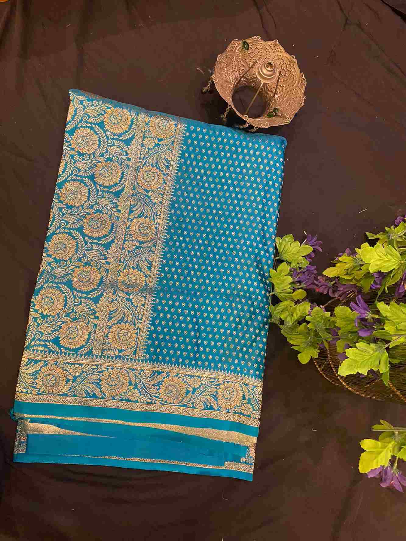 Blue Banarasi With Peacock Zari Dotted Work With Detailed  Border & Overall Stone Embellished  Wrap In One Minute Saree