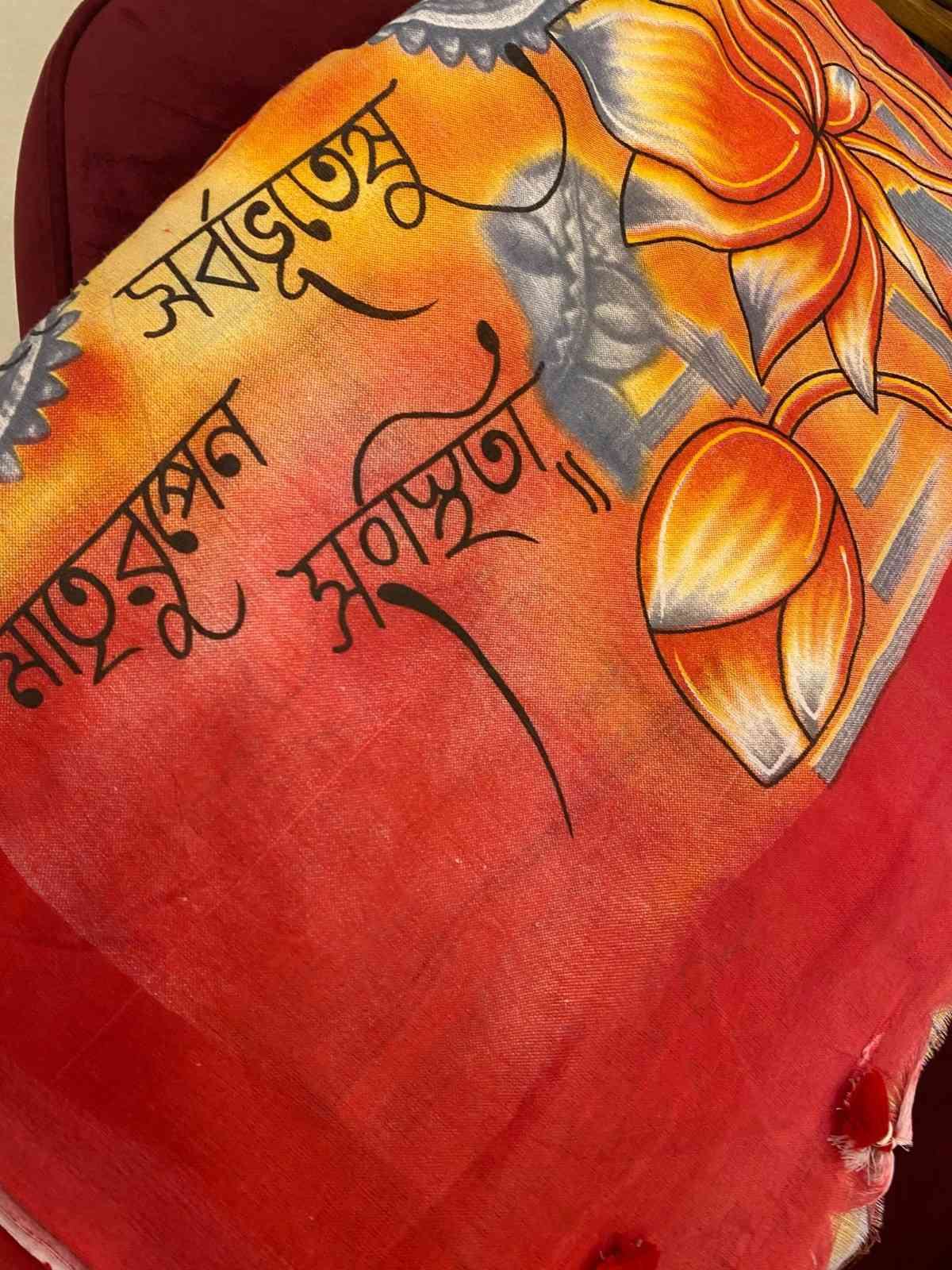 Bengali Pure Cotton With red border &  printed pallu durga maa Wrap In 1 Minute Saree