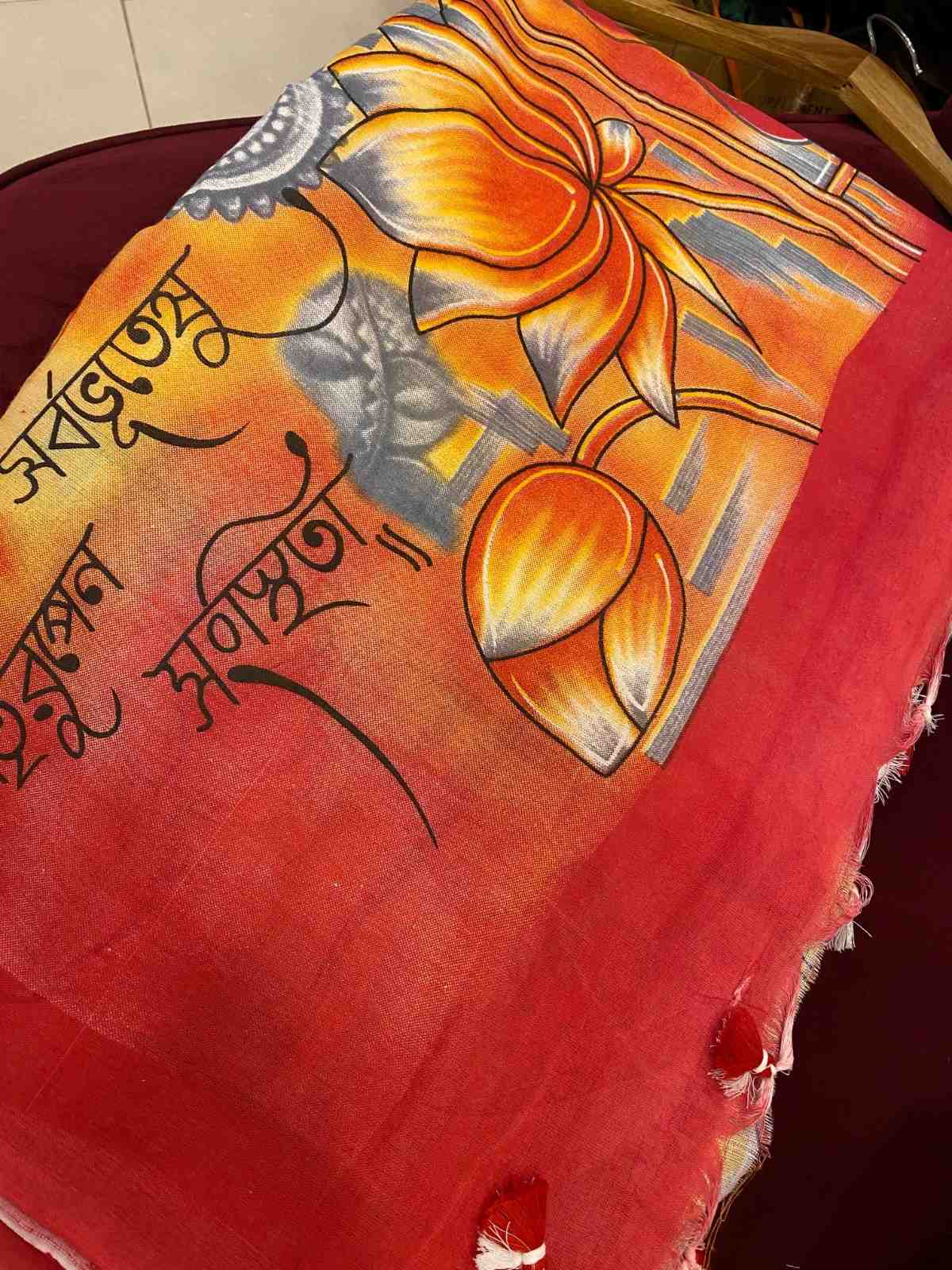 Bengali Pure Cotton With red border &  printed pallu durga maa Wrap In 1 Minute Saree