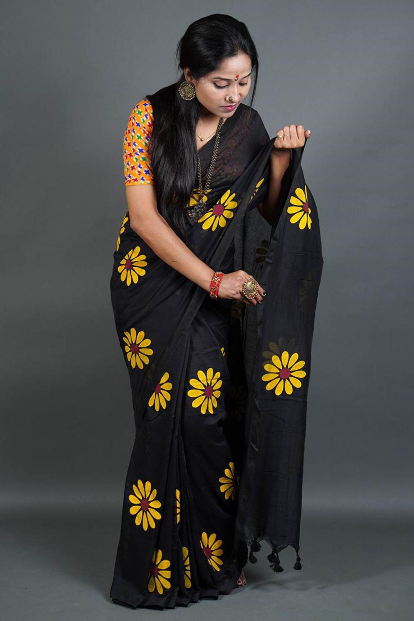 Khadi Cotton with Sunflower Hand Painted and tassel on pallu Wrap In One Minute Saree