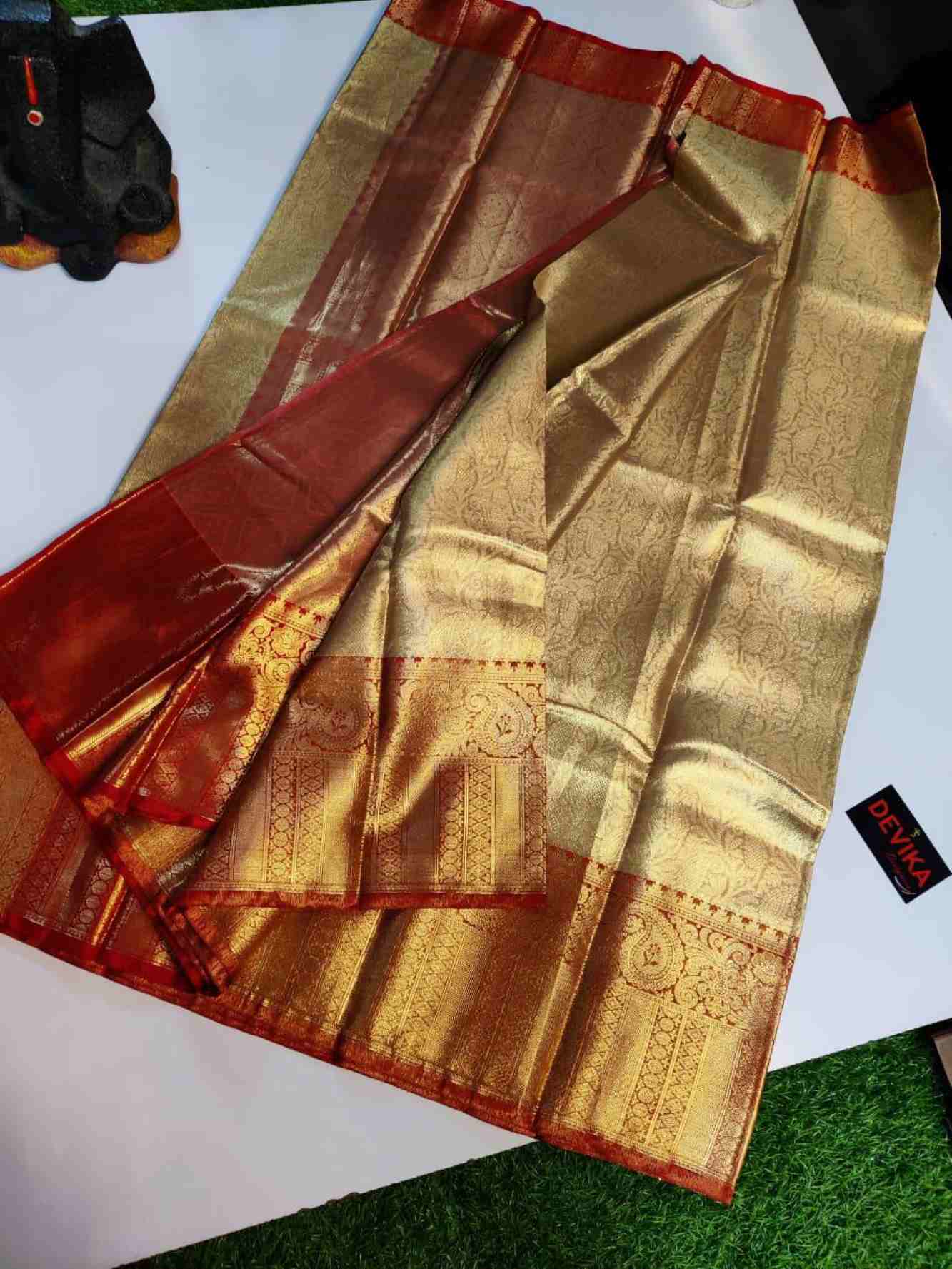 READY TO WEAR KANCHIPURAM WITH RED ZARI BORDER  WRAP IN 1 MINUTE SAREE