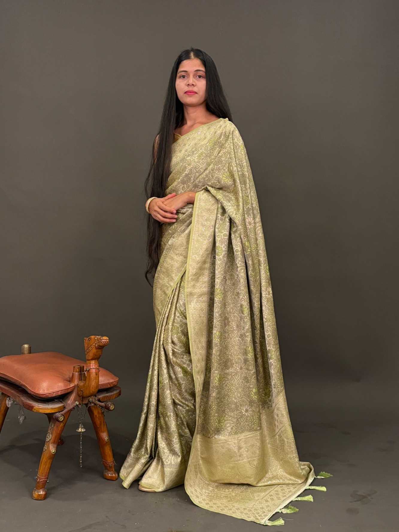 Lemon Green Silk Overall Floral Printed Kanchipuram & Pallu Stone Embellished Wrap in 1 minute saree