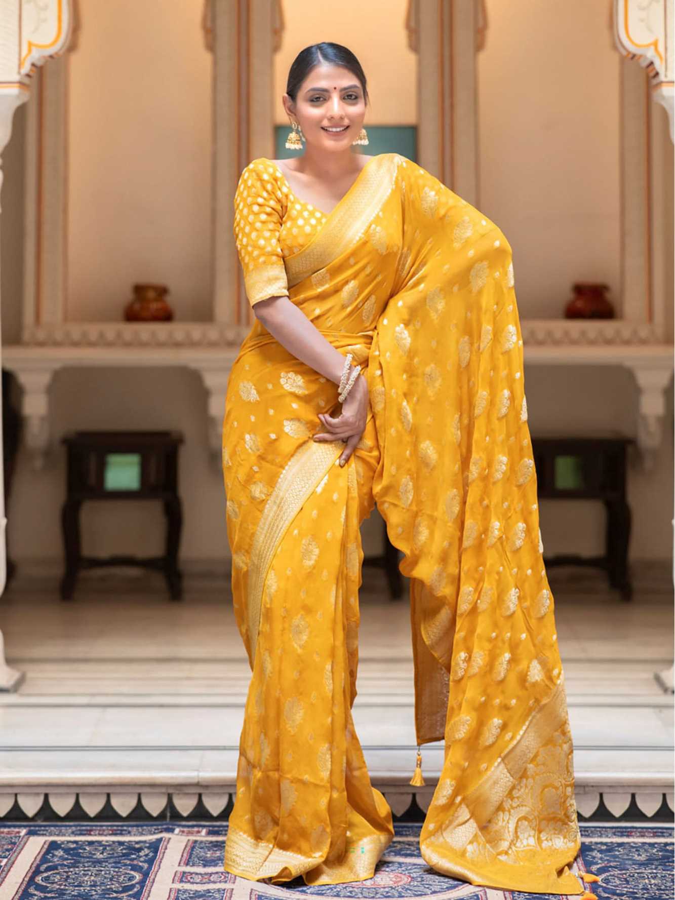 Exquisite Musturd Yellow Semi Katan Silk Saree with Intricate All-Over Butas and Ornate Palla, Adorned with Luxurious Tassels – A Ready-to-Wear Saree