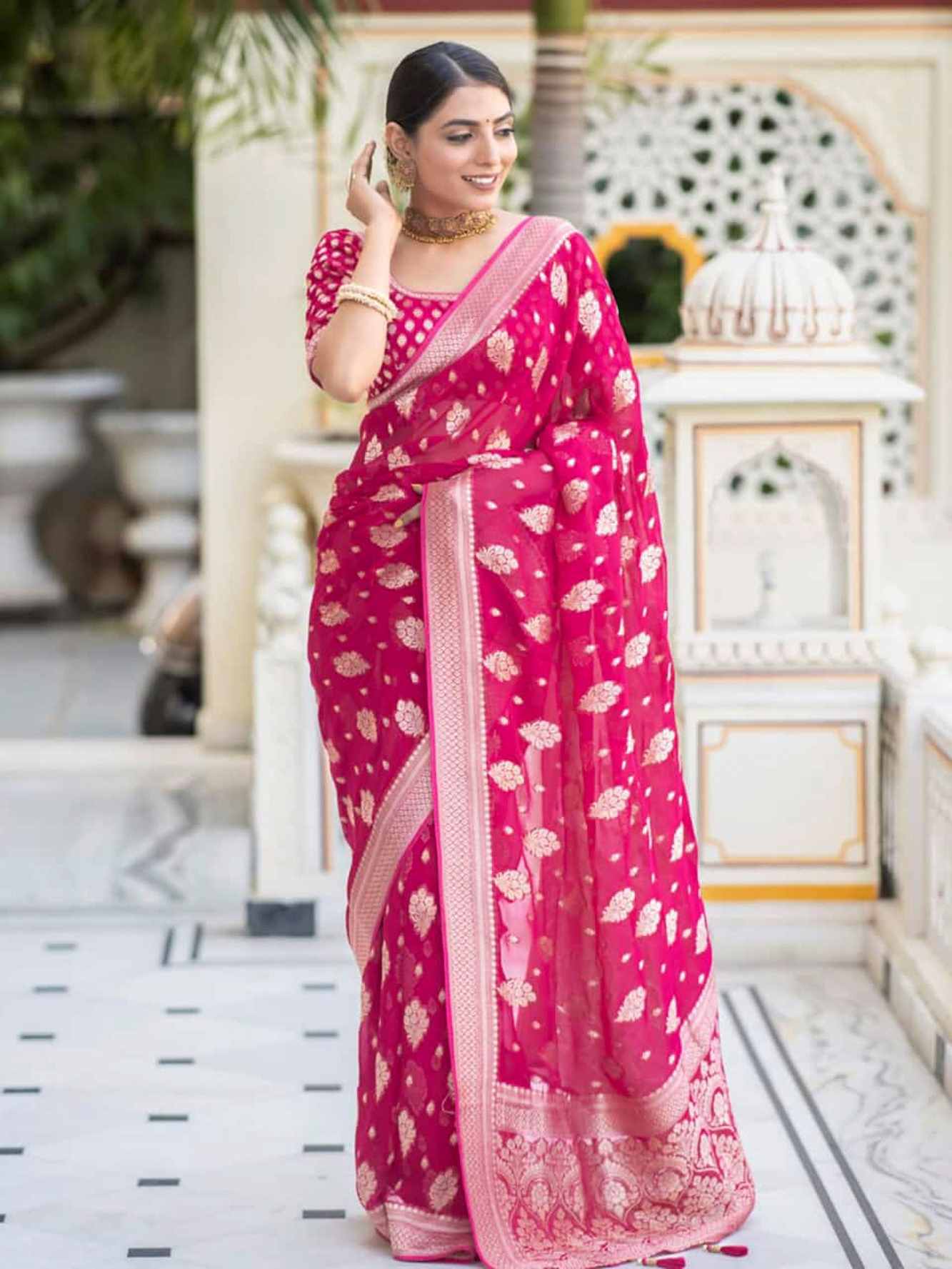 Exquisite Rani Pink Semi Katan Silk Saree with Intricate All-Over Butas and Ornate Palla, Adorned with Luxurious Tassels – A Ready-to-Wear Saree