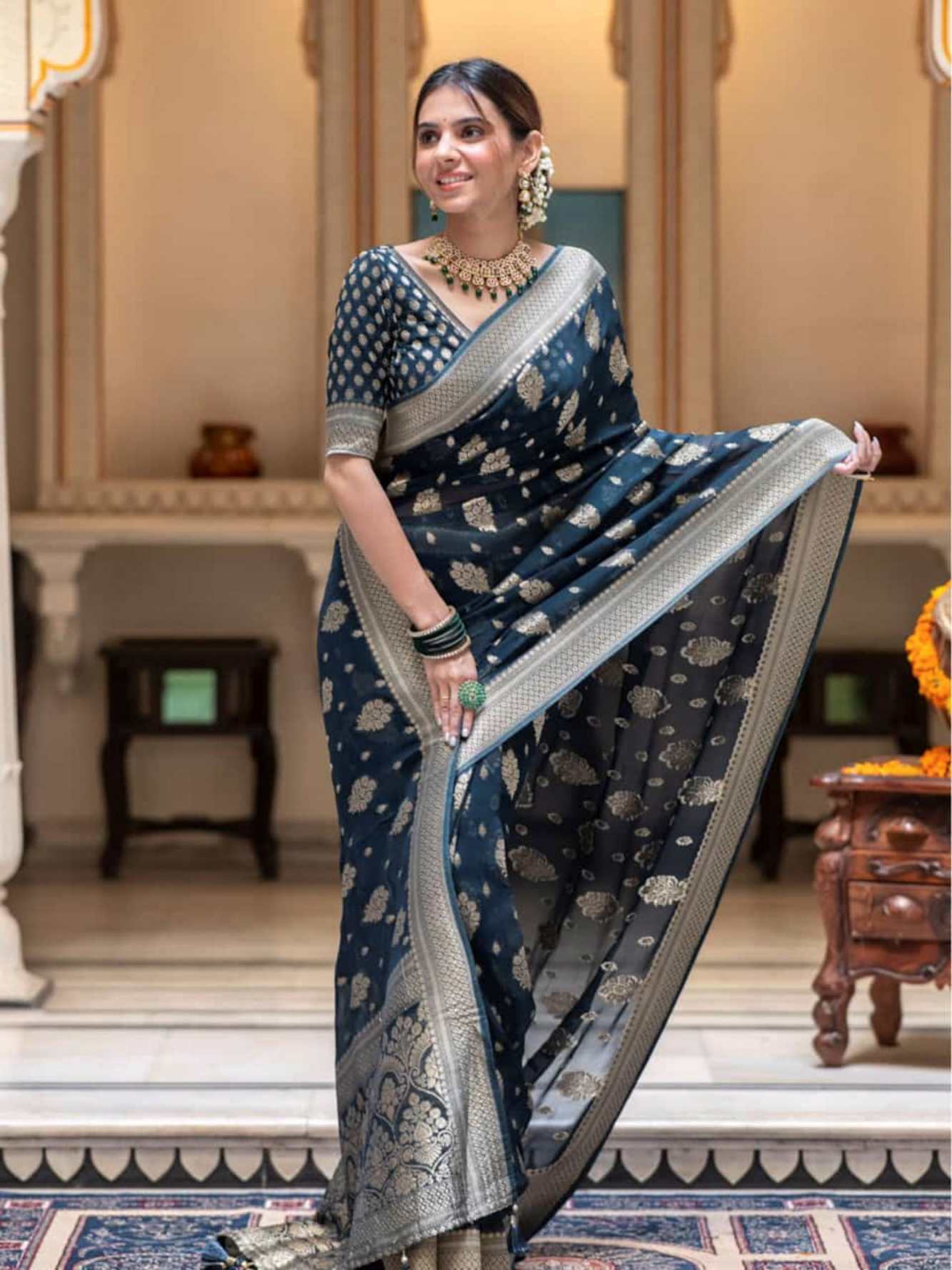 Exquisite  Katan Inspired Silk Saree with Intricate All-Over Butas and Ornate Palla, Adorned with Luxurious Tassels – A Ready-to-Wear Saree