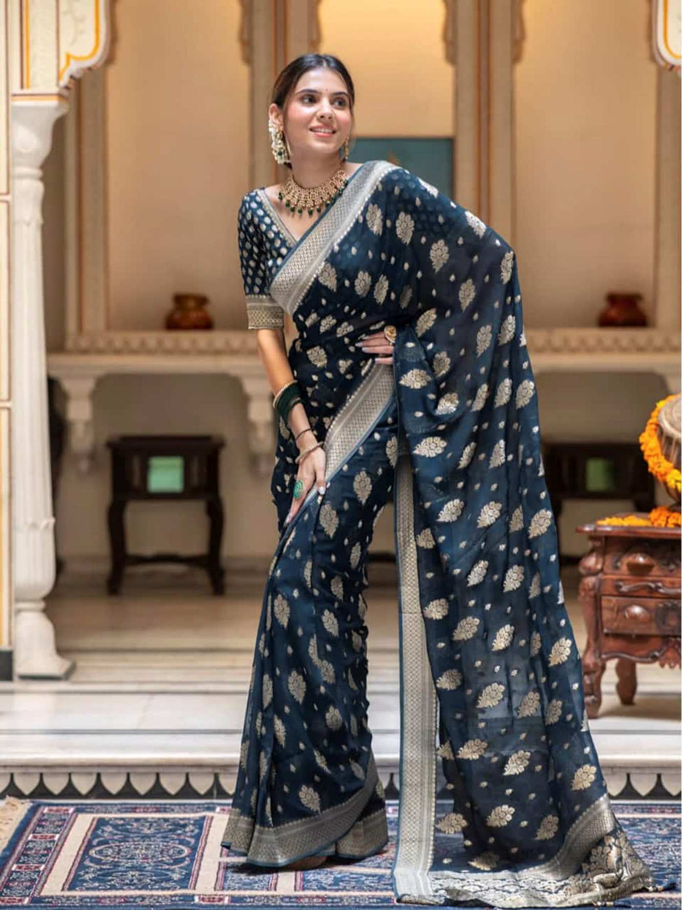 Exquisite  Katan Inspired Silk Saree with Intricate All-Over Butas and Ornate Palla, Adorned with Luxurious Tassels – A Ready-to-Wear Saree