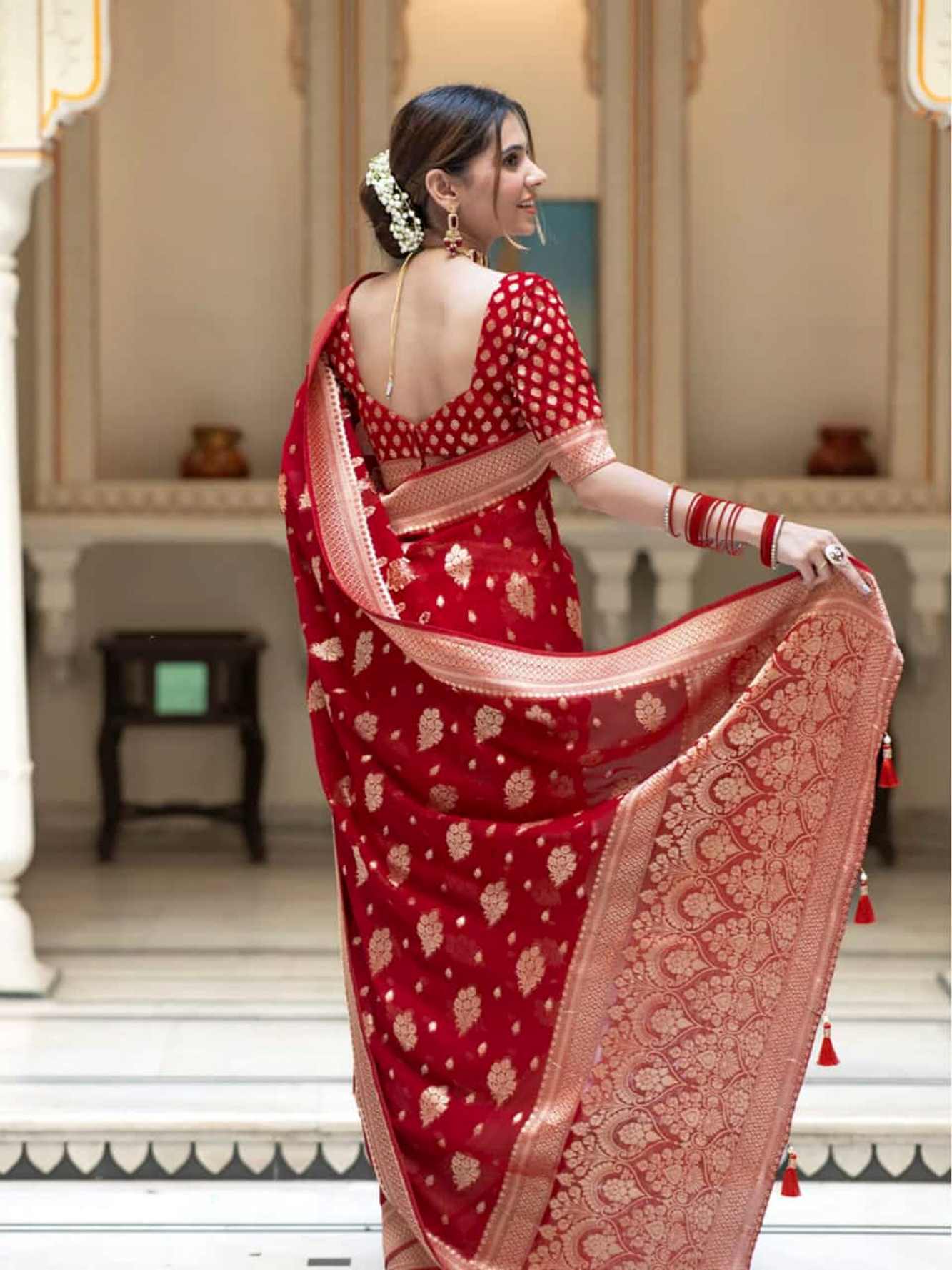 Exquisite Red Katan Inspired Silk Saree with Intricate All-Over Butas and Ornate Palla, Adorned with Luxurious Tassels – A Ready-to-Wear Saree