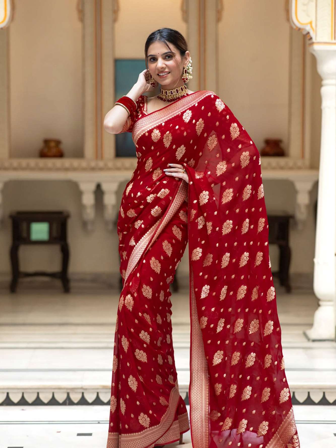 Exquisite Red Katan Inspired Silk Saree with Intricate All-Over Butas and Ornate Palla, Adorned with Luxurious Tassels – A Ready-to-Wear Saree