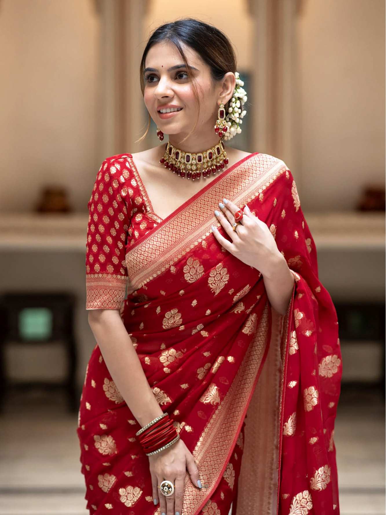 Exquisite Red Katan Inspired Silk Saree with Intricate All-Over Butas and Ornate Palla, Adorned with Luxurious Tassels – A Ready-to-Wear Saree