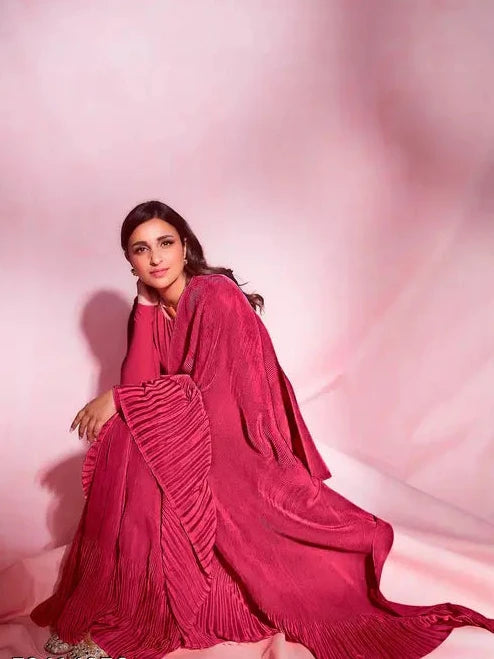 parineeti crushed/ crinkle pleated semi silk Ready  To Wear Saree