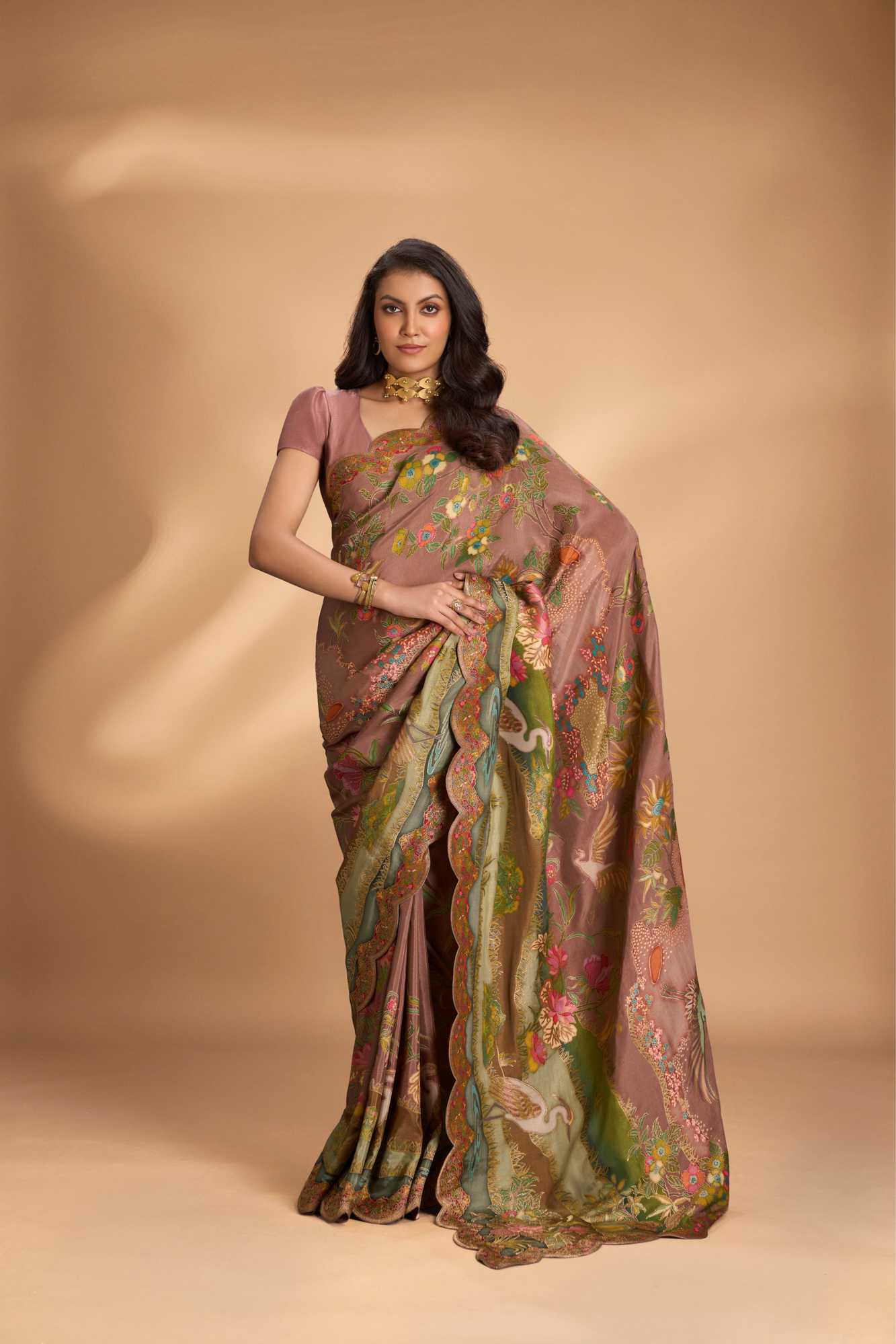 Vegan Soft Silk ready to wear Saree with Floral Brocade and Crane Motifs in Dusty Rose with Scallop border
