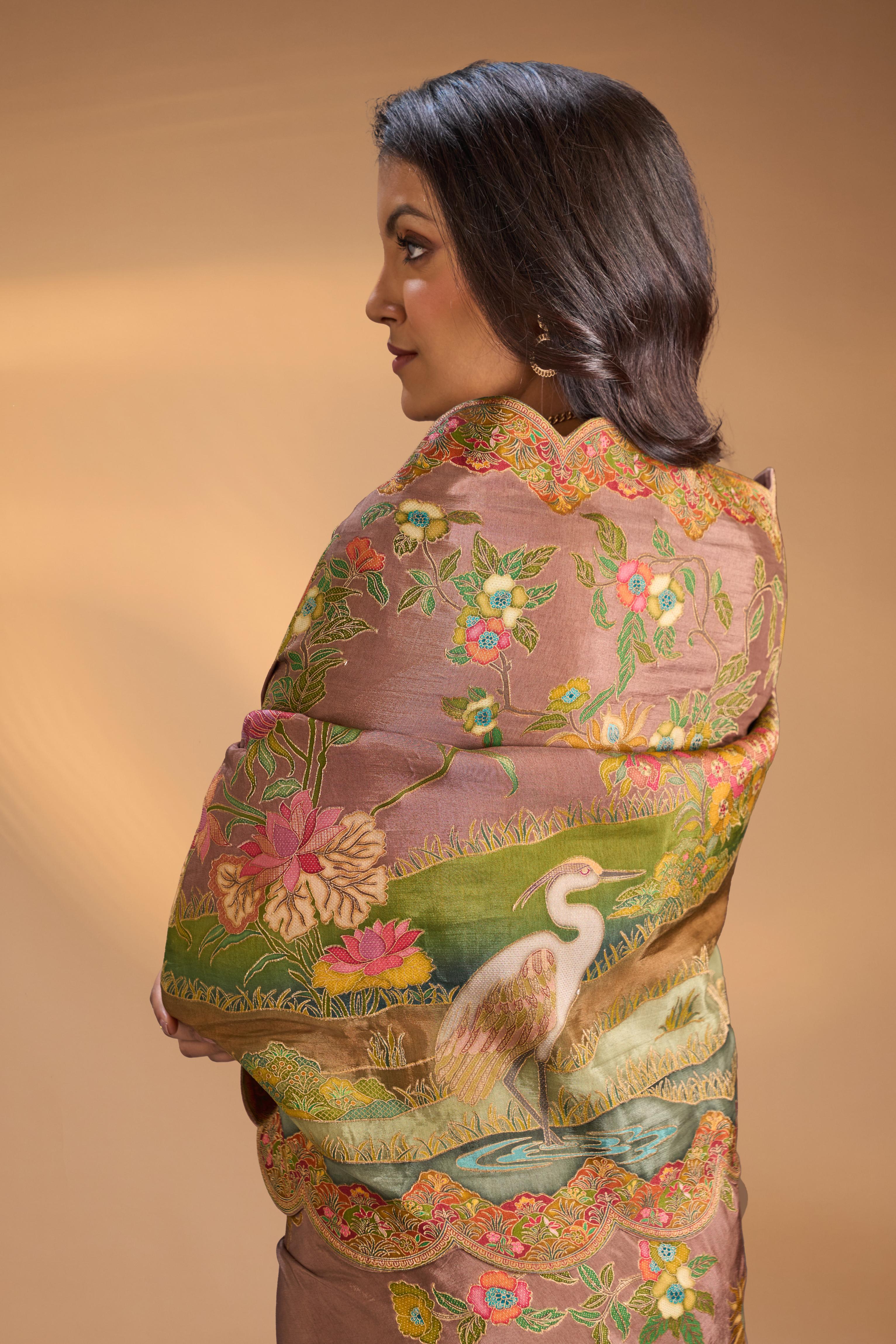 Vegan Soft Silk Saree with Floral Brocade and Crane Motifs in Dusty Rose with Scallop border | Shobitam