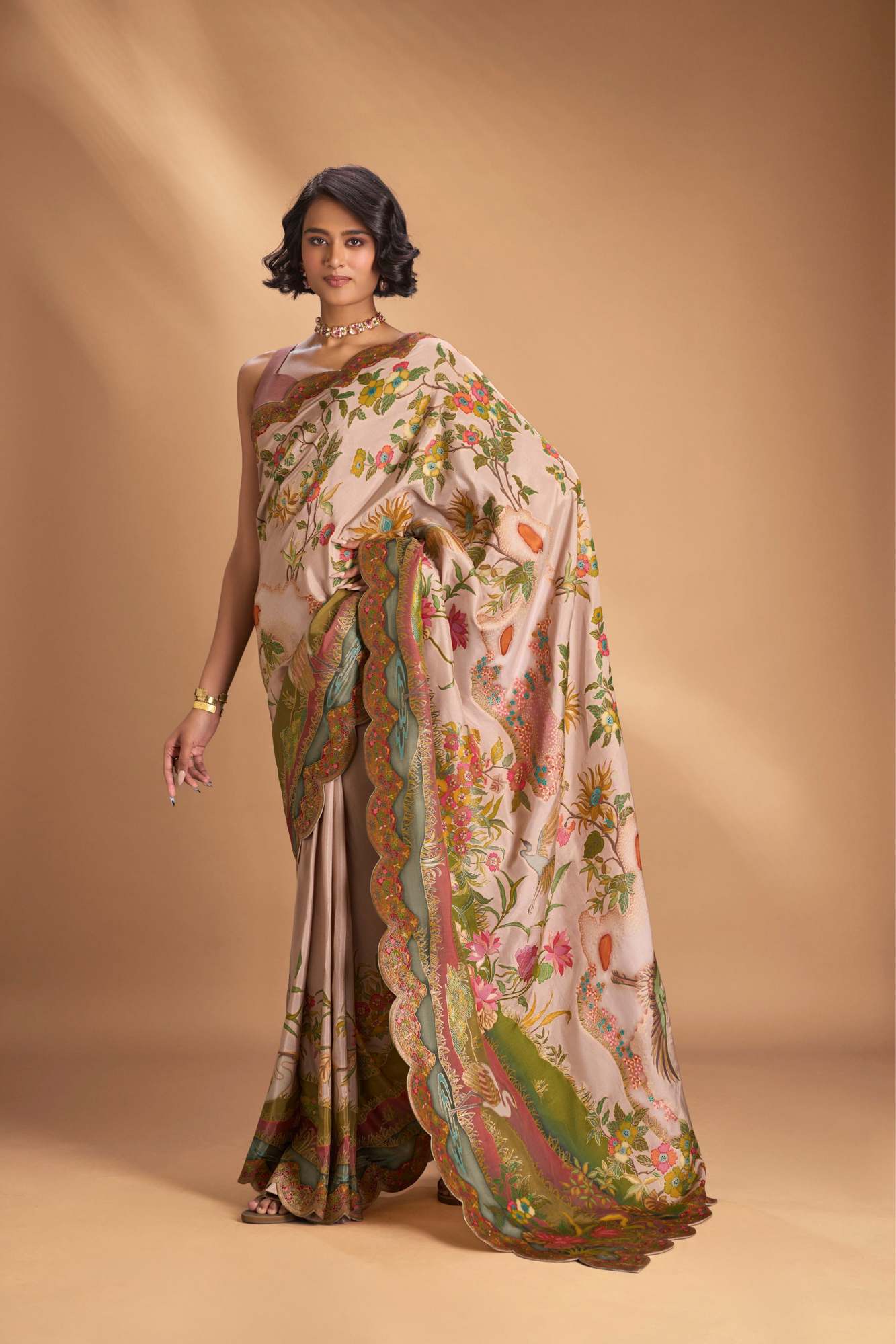 Vegan Soft Silk predraped Saree with Floral Brocade and Crane Motifs in Light Brown with Scallop Border No Blouse Piece Ready to Wear Saree
