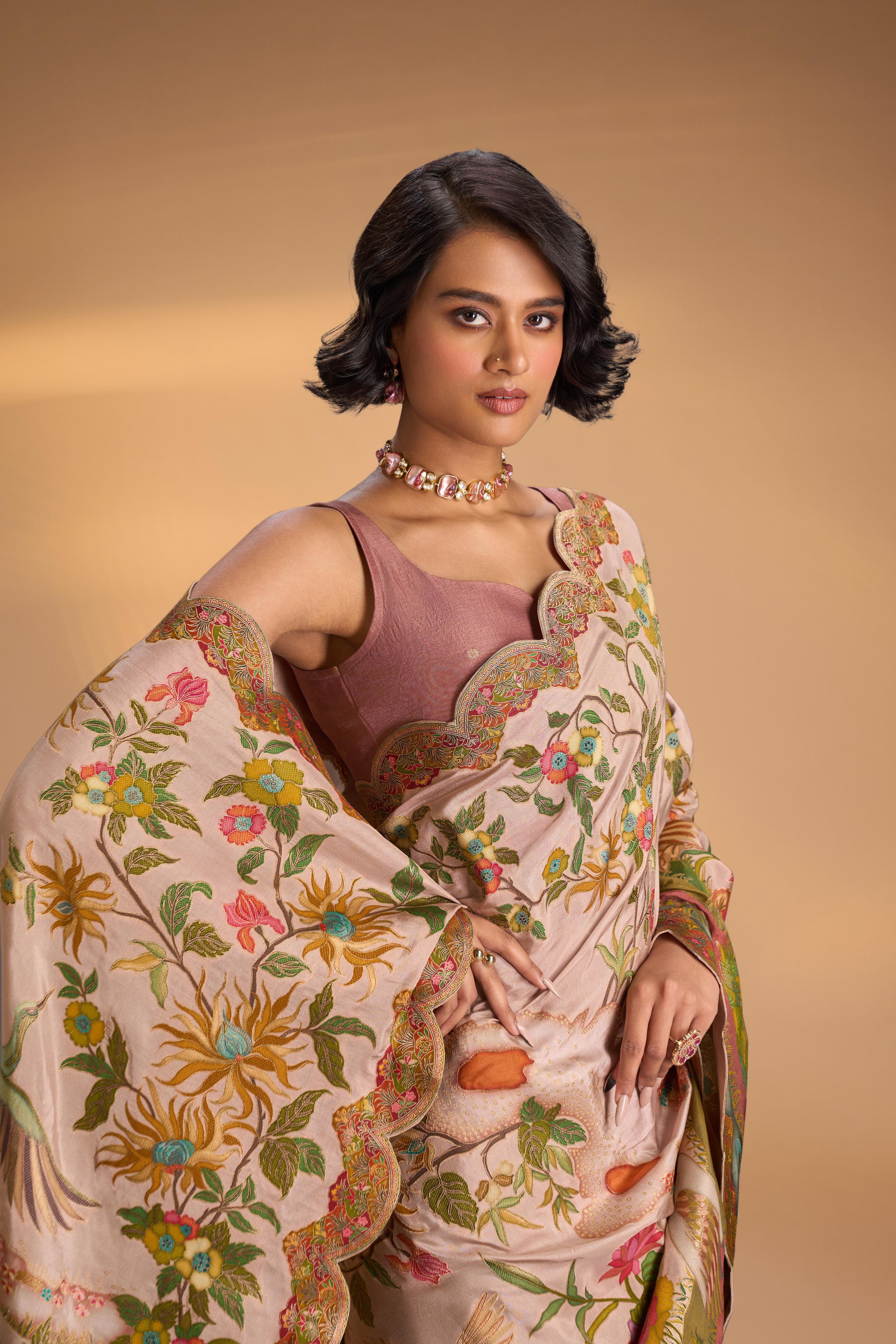 Vegan Soft Silk Saree with Floral Brocade and Crane Motifs in Light Brown with Scallop Border