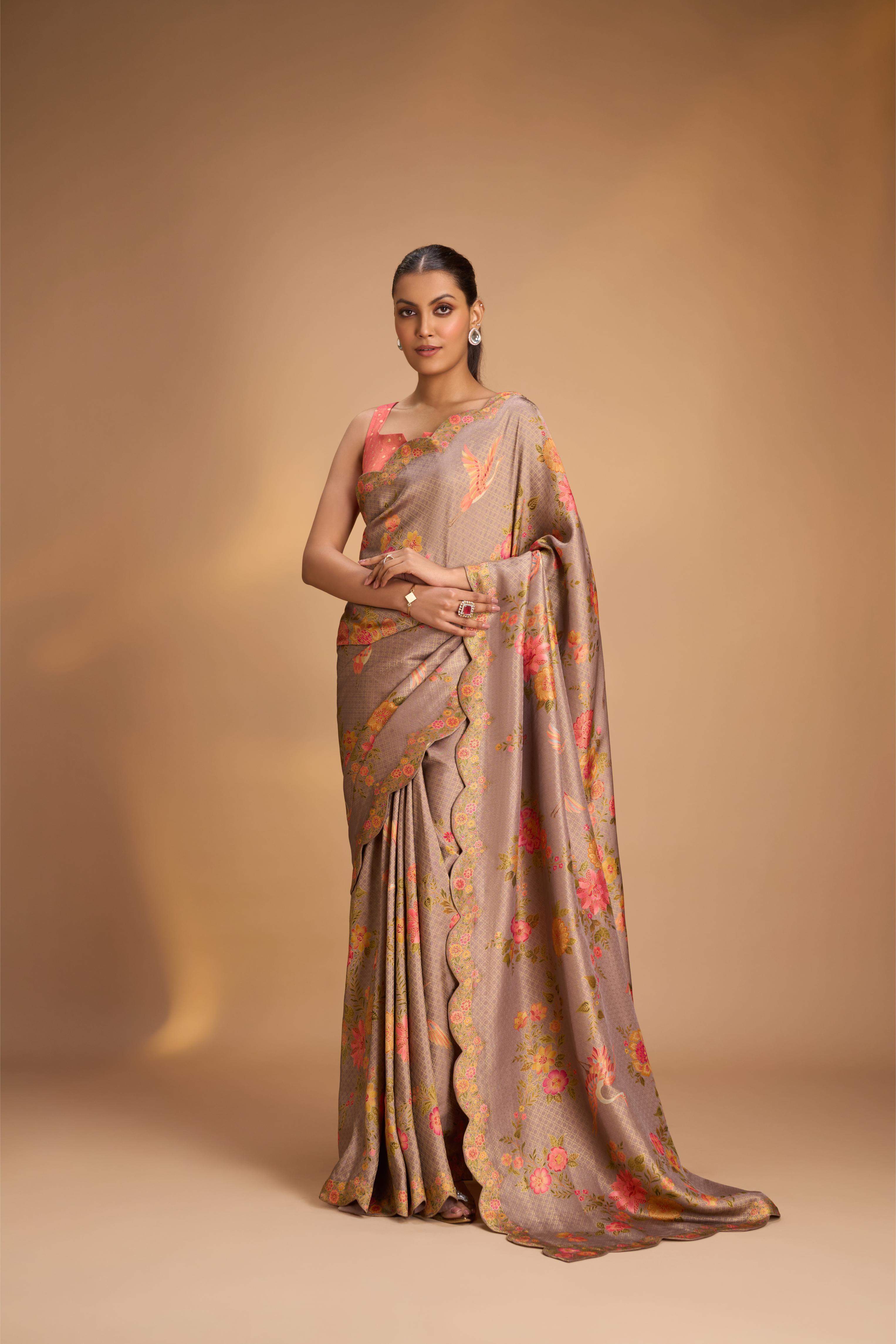 Brocade on Vegan Silk Saree in Pastel Lavender with Floral-Birds design and Scallop border | Shobitam