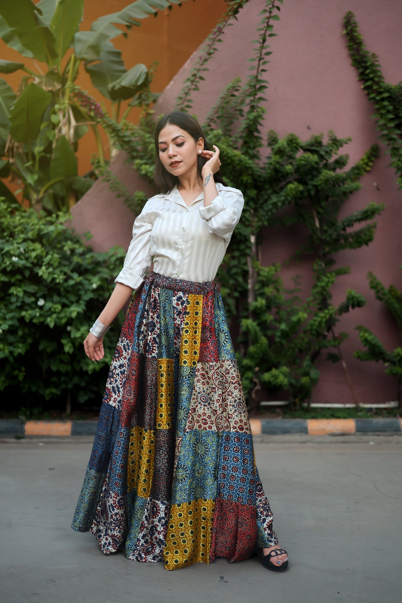 Multicolor Patch Work Modal Silk Skirt with Authentic Ajrakh Hand Block print, Statement Skirt, Made to Order