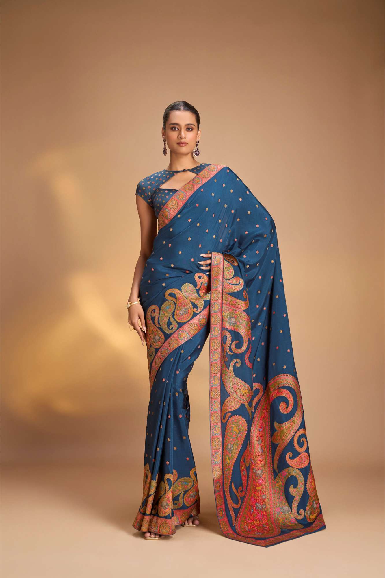 Persian Blue Vegan Viscose Silk stitched Saree with Kashmiri Weave Kani Design and Border Ready to Wear Saree