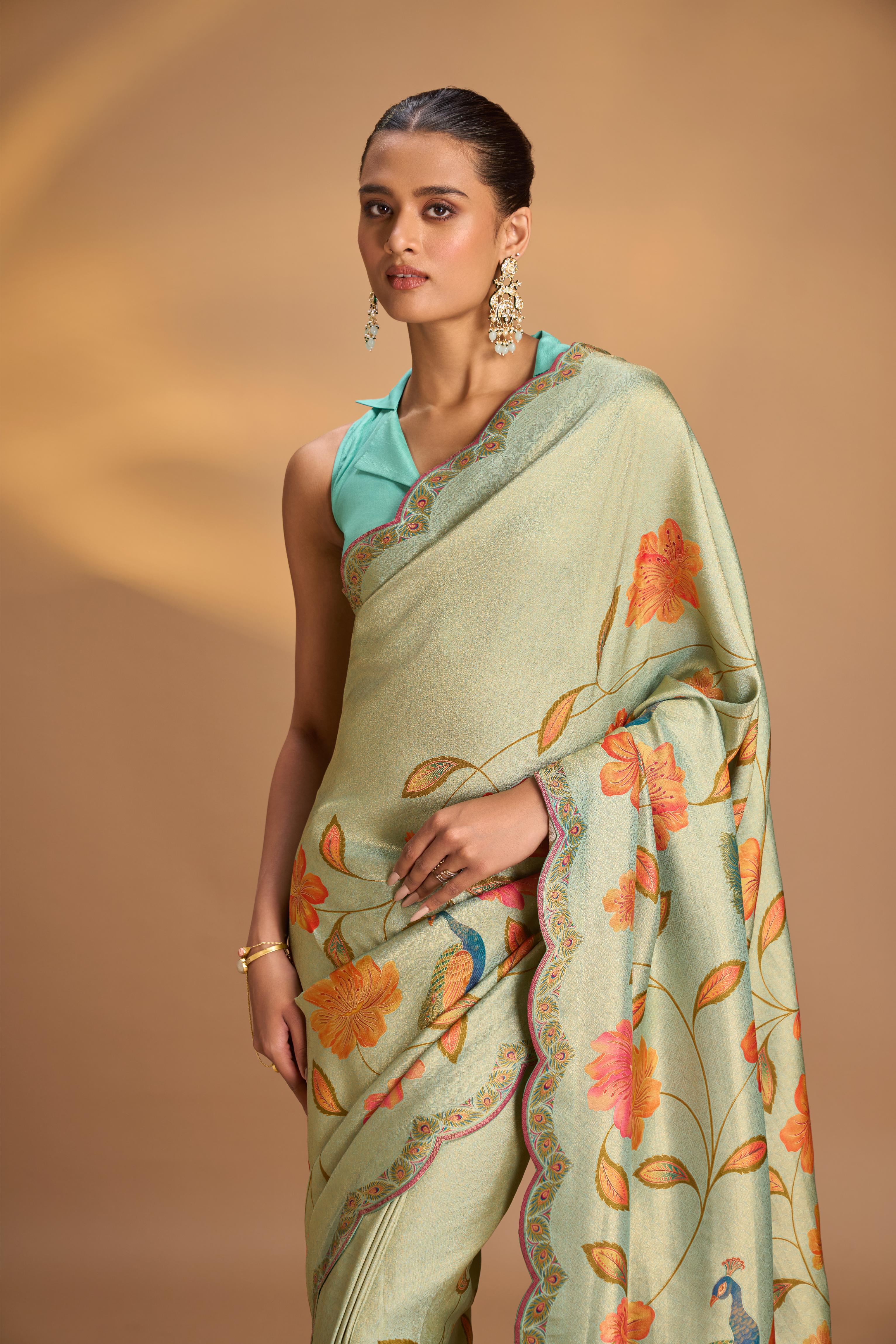 Vegan Silk Saree in Mint Green with Floral Jaal and Scallop Border | Shobitam