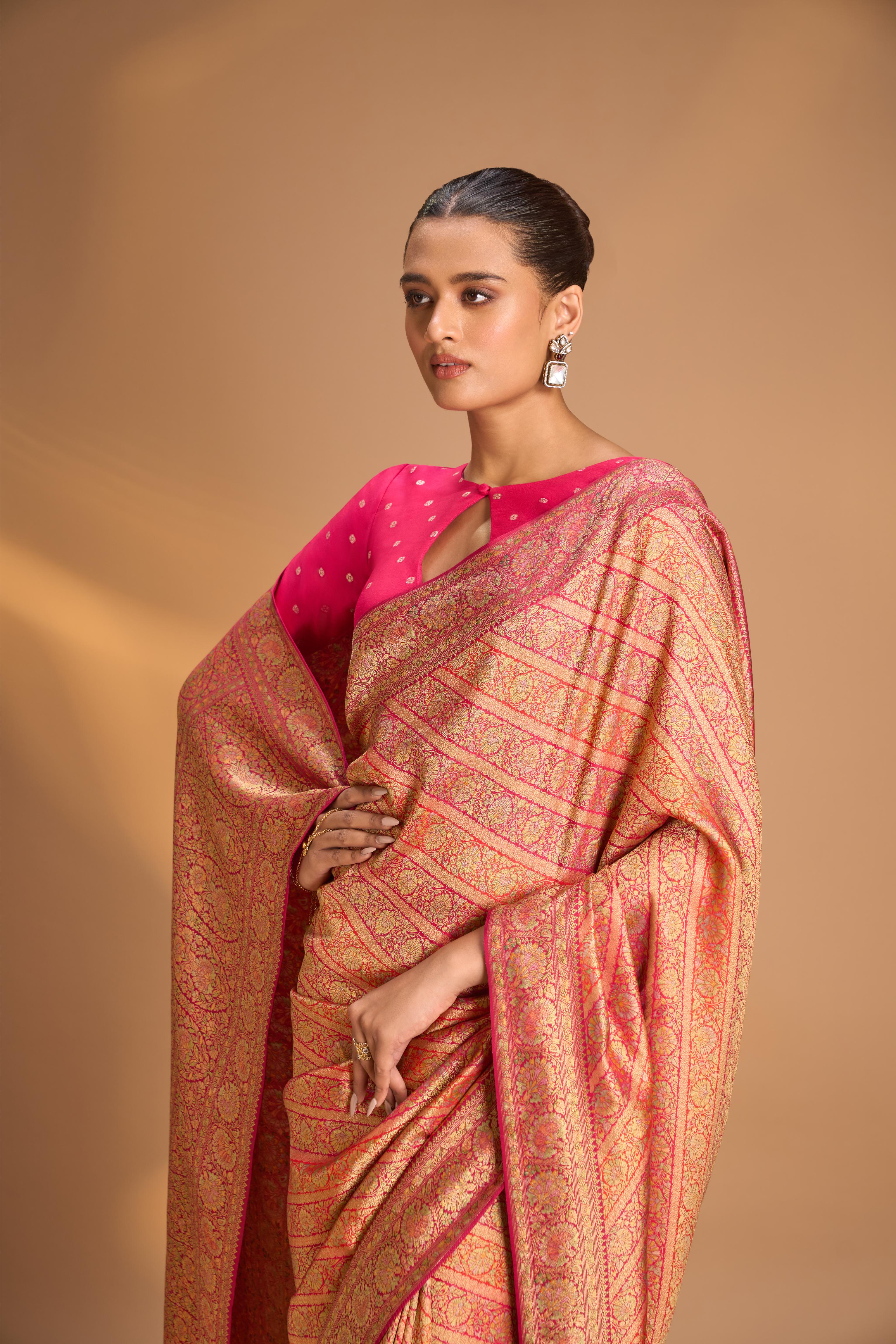 Vegan Silk Saree in Pink-Red with Lehriya Design and Border | Shobitam