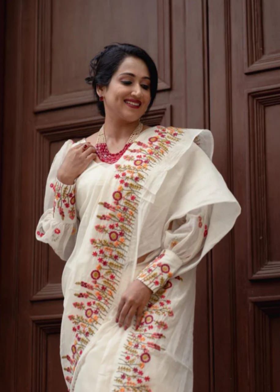 Ready to wear saree Resham embroidered border cotton prestitched saree